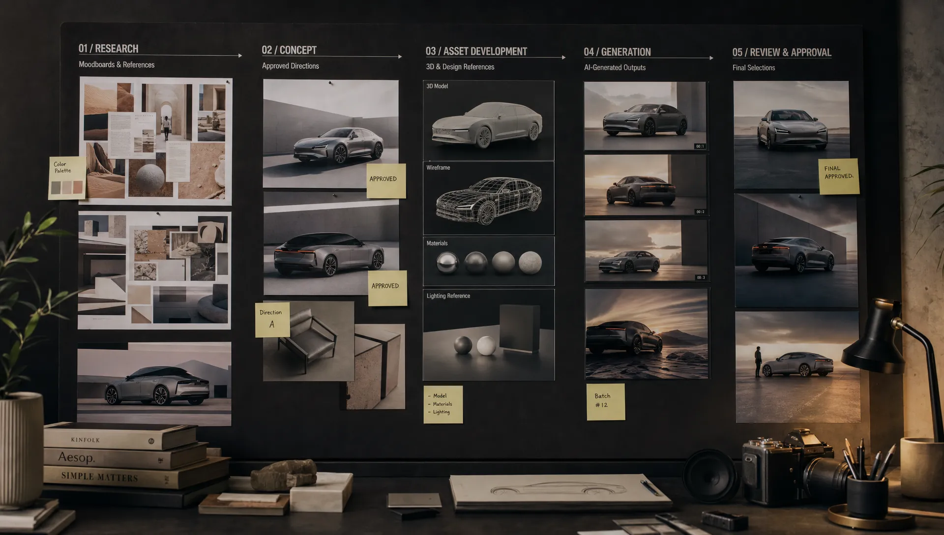 An organized creative production board with approved mood boards, product renders, video frames, and 3D asset references arranged into clear workflow stages for controlled AI generative content production.