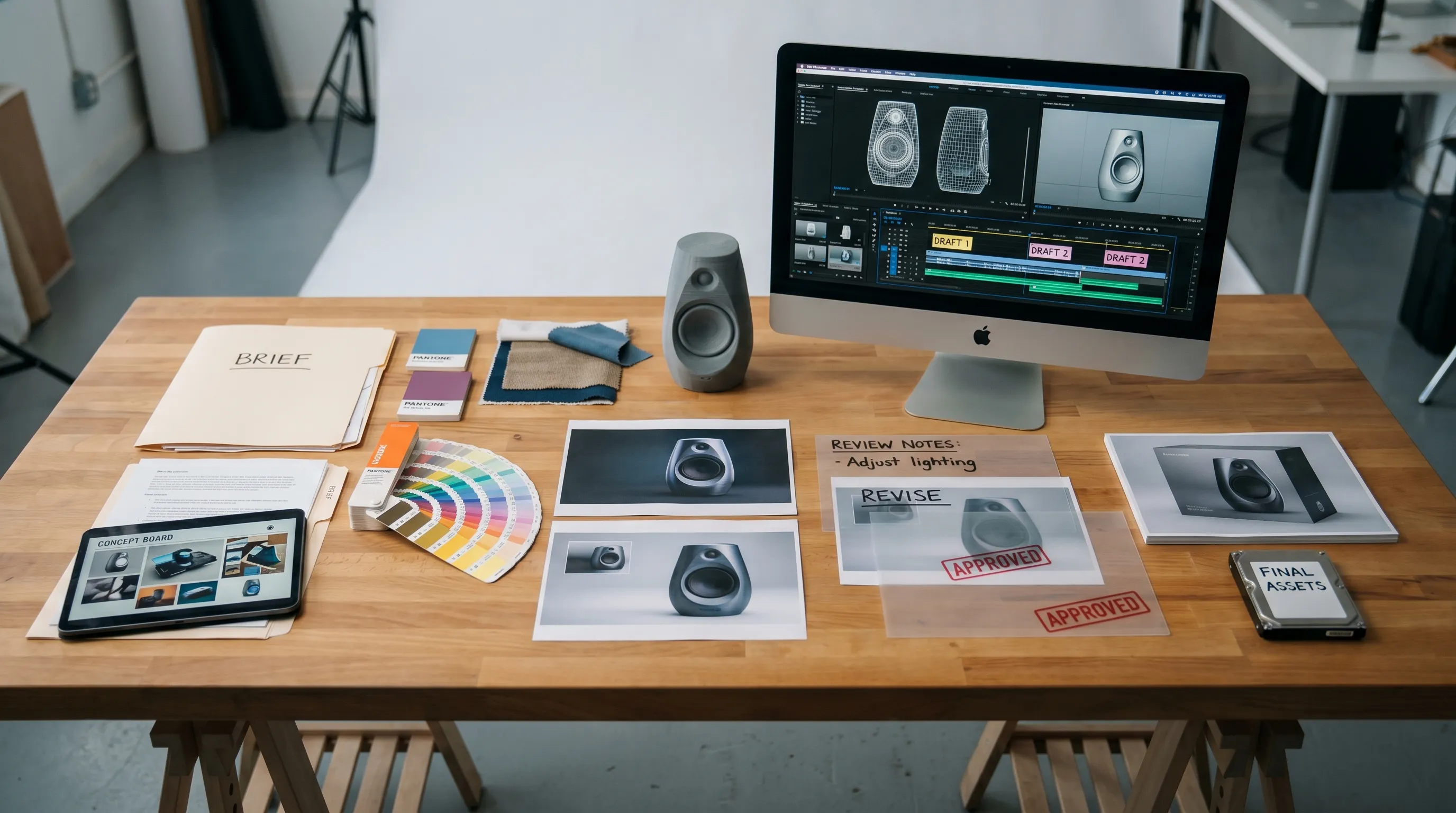 A structured creative production workflow with folders, color palettes, product visuals, 3D objects, video thumbnails, review notes, and approval stamps arranged from brief to final asset.