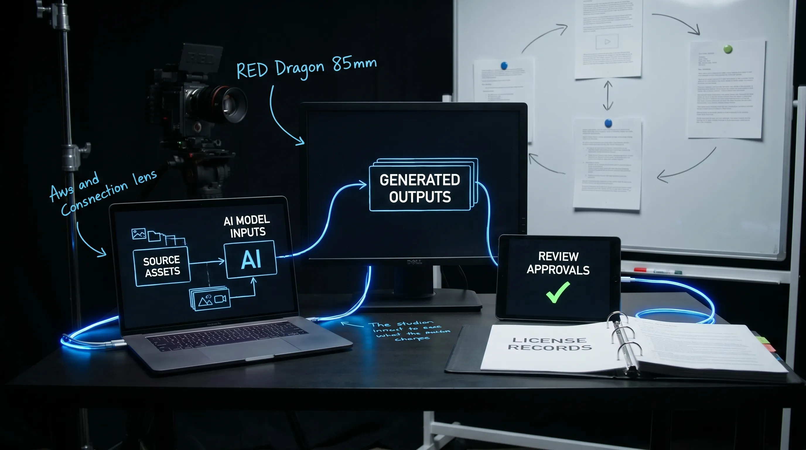 A creative production pipeline showing source assets, AI model inputs, generated outputs, review approvals, and license records connected in a simple workflow.