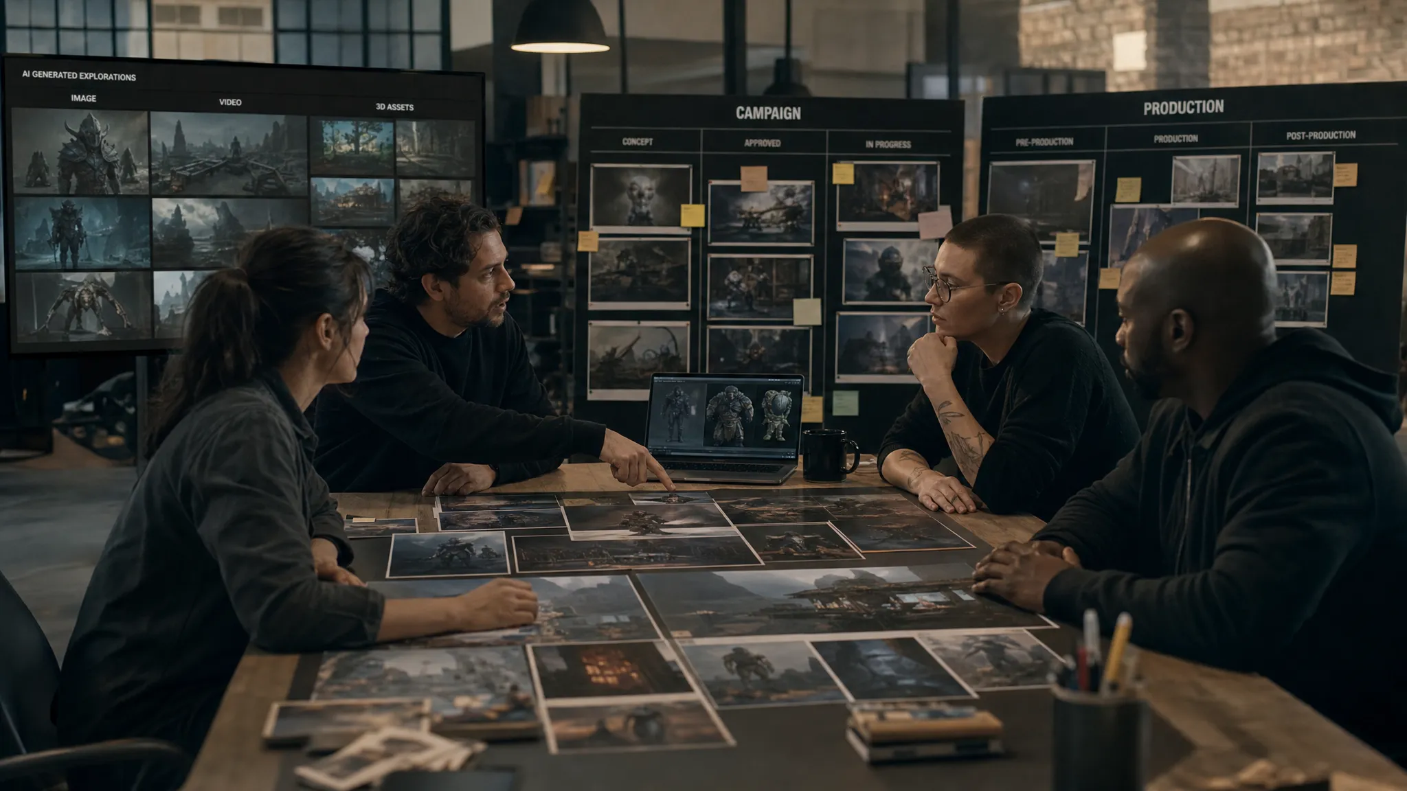 A creative production team reviewing AI-generated image, video, and 3D asset variations across a shared table, with approved assets sorted into campaign and production stages on surrounding boards.