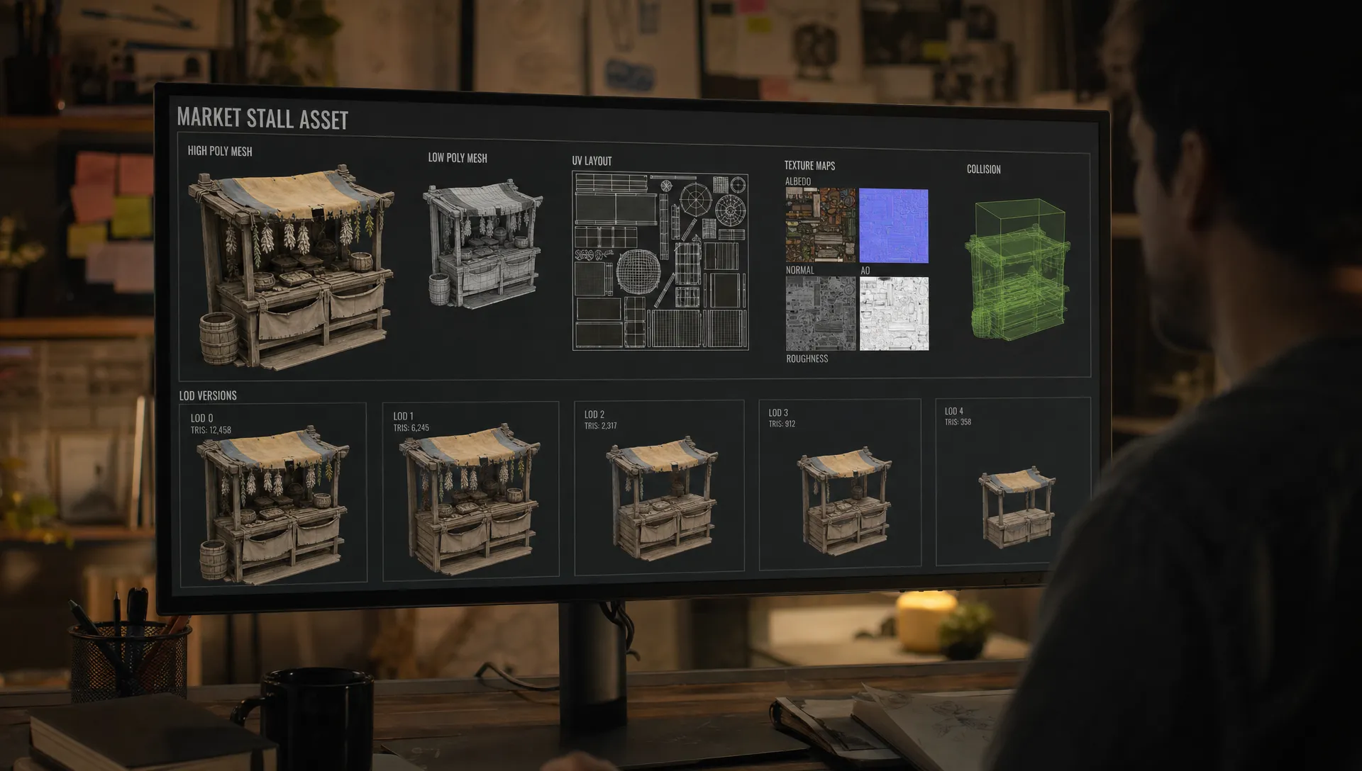 A game production workspace shows a fantasy market stall asset with mesh, UV layout, texture maps, collision proxy and LOD versions arranged for technical review.