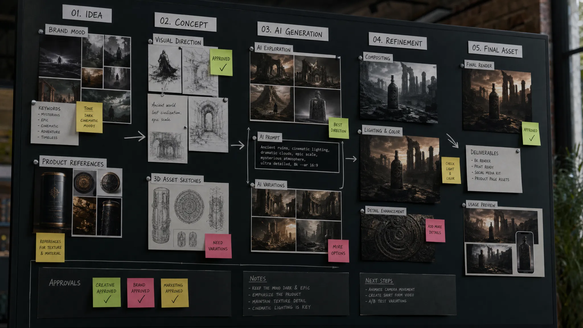 A creative operations wall with brand mood boards, product references, 3D asset sketches, approval notes, and connected production stages showing AI content moving from idea to final asset.