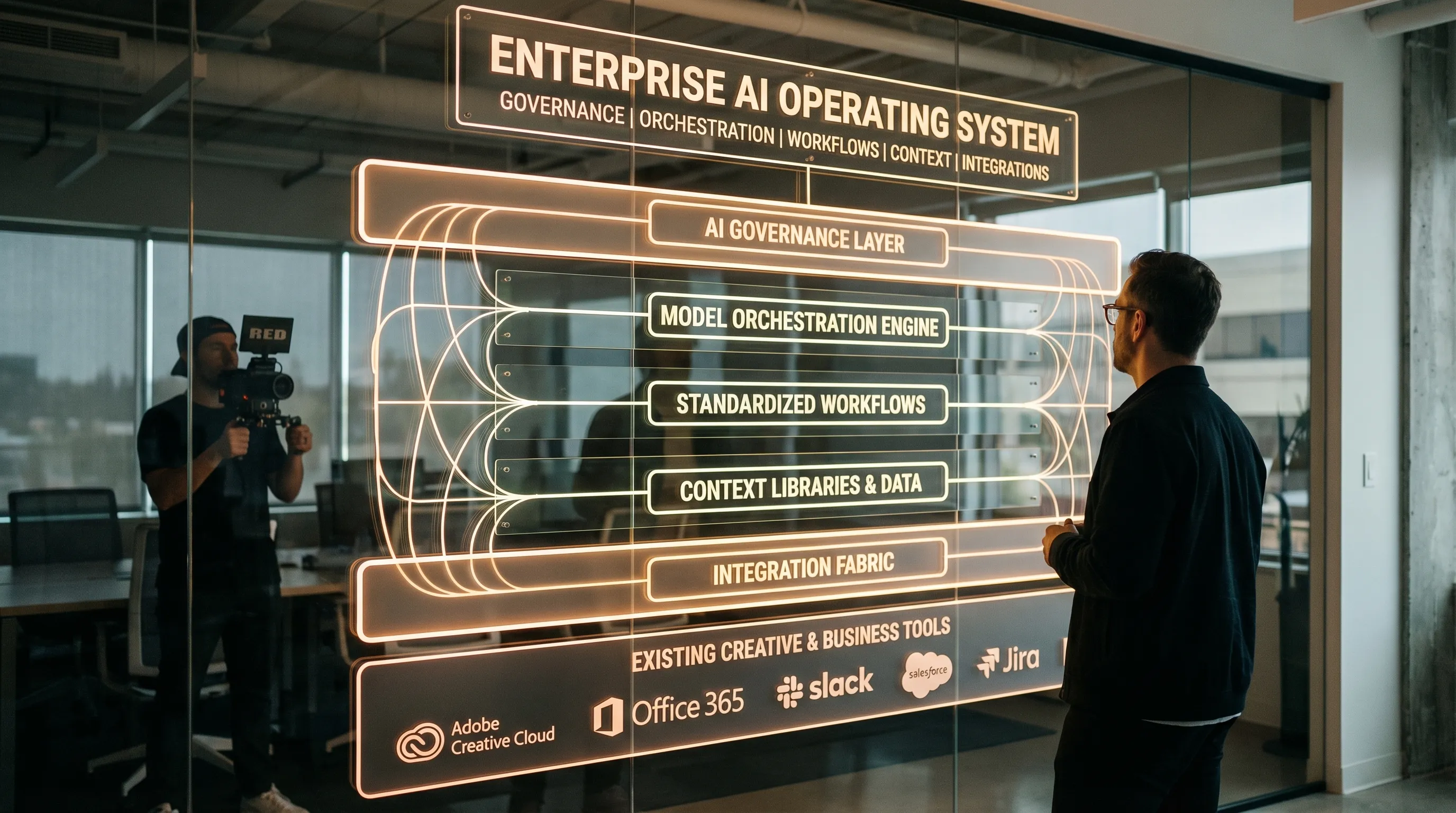 Diagram showing an enterprise AI operating system layering governance, model orchestration, standardized workflows, context libraries, and integrations on top of existing creative and business tools.