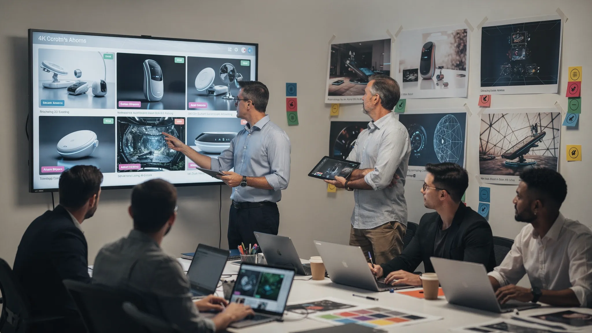 Enterprise creative team in a studio setting reviewing AI-generated image and 3D assets on a wall display and printed boards, with clear approval markers and asset metadata tags visible, no readable text.