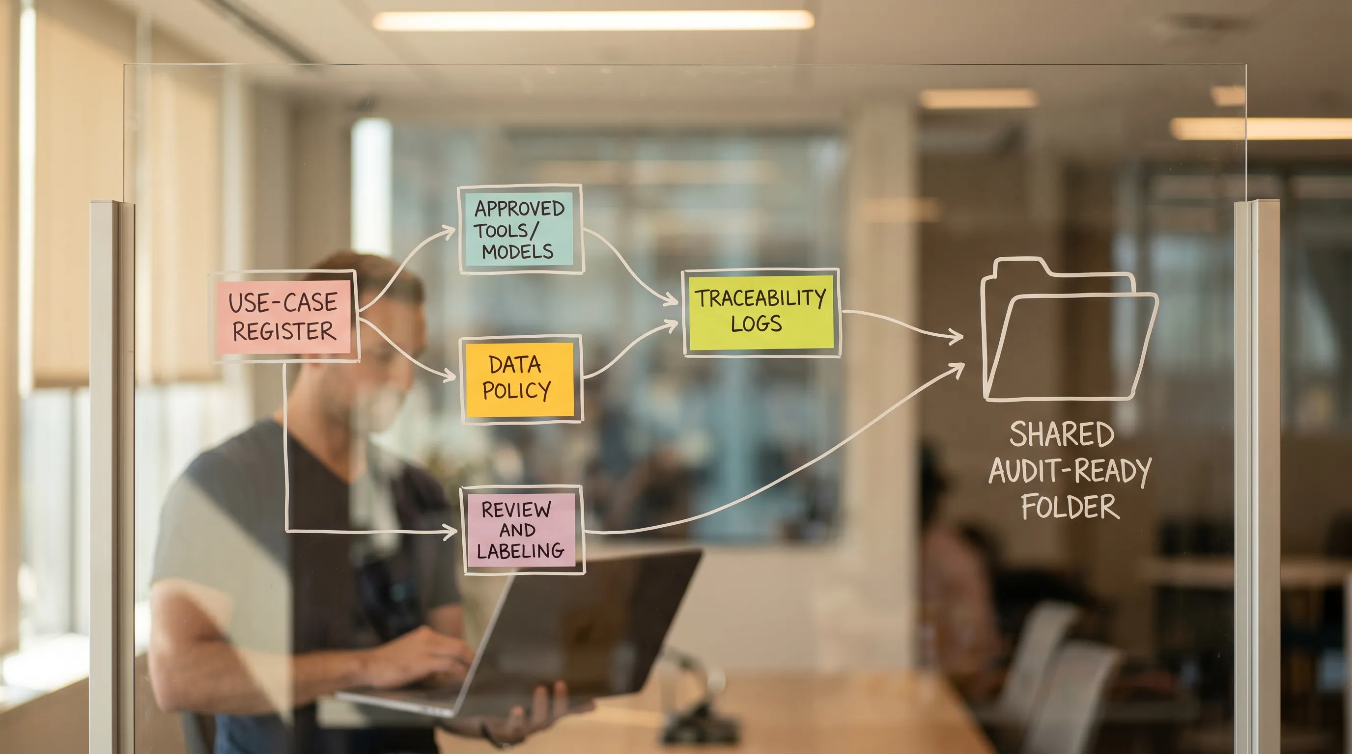 A simple compliance documentation flow for creative AI showing: Use-case register, Approved tools/models, Data policy, Traceability logs, Review and labeling, all feeding into a shared audit-ready folder.