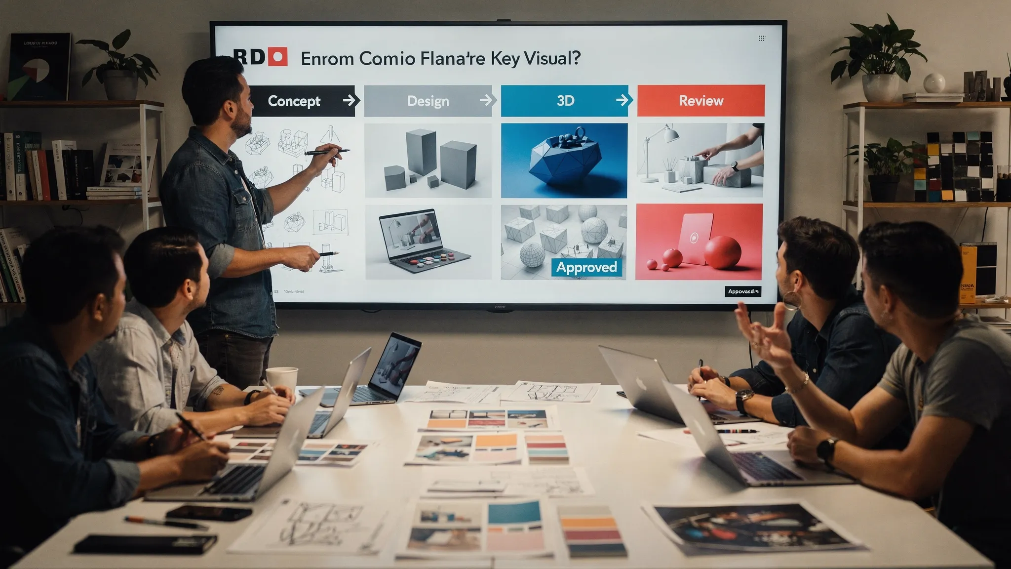 A creative production team reviews campaign visuals, 3D assets, and mood boards in a studio workspace, with clear asset stages from concept to approval shown on a wall display.