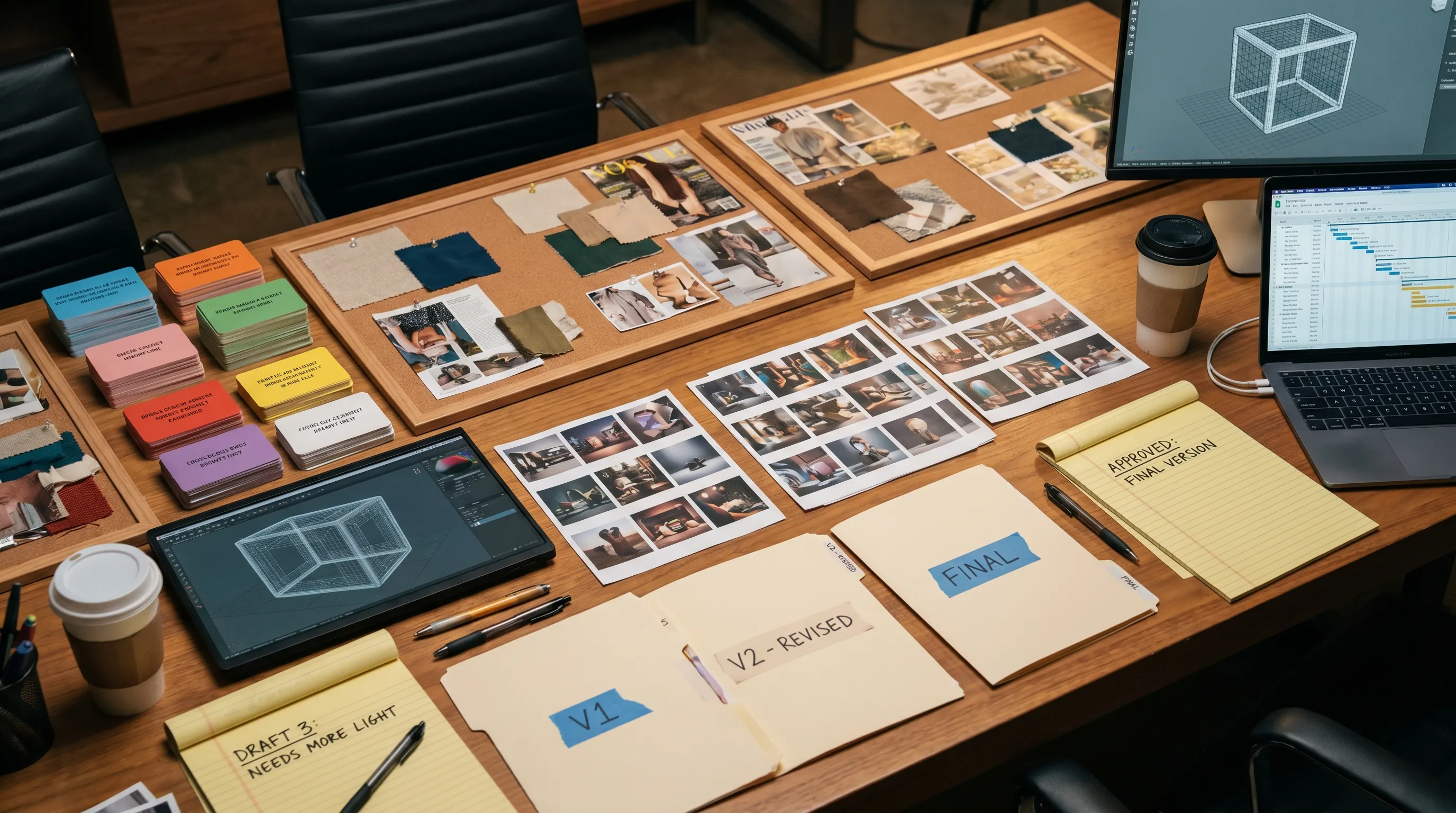 A creative production table with organized prompt cards, mood boards, generated image thumbnails, 3D asset previews, approval notes, and version labels arranged in a clear workflow from draft to approved.