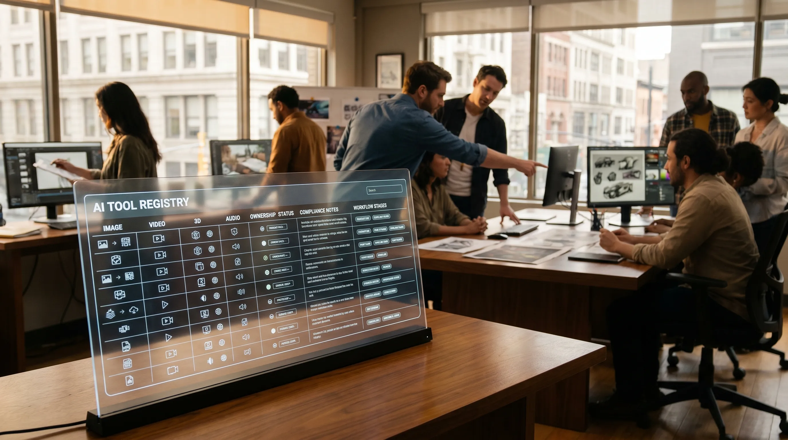 A structured AI tool registry for a creative studio, showing categories for image, video, 3D, audio, ownership, approval status, compliance notes, and workflow stages on a clean collaborative workspace.