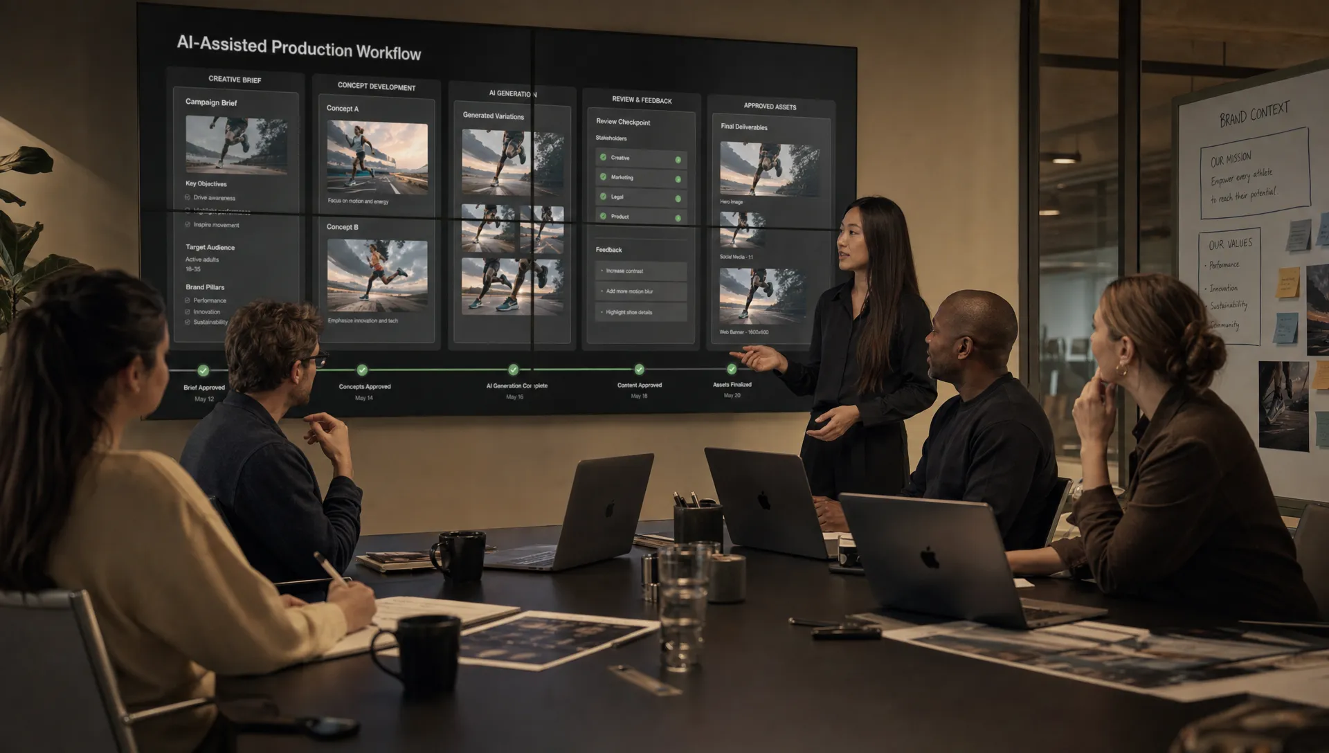 Creative, marketing, technical, and legal teams collaborating around an AI-assisted production workflow, with shared brand context, review checkpoints, and approved assets moving through the process, shown in a meeting room with a large table and wall-mounted review board.