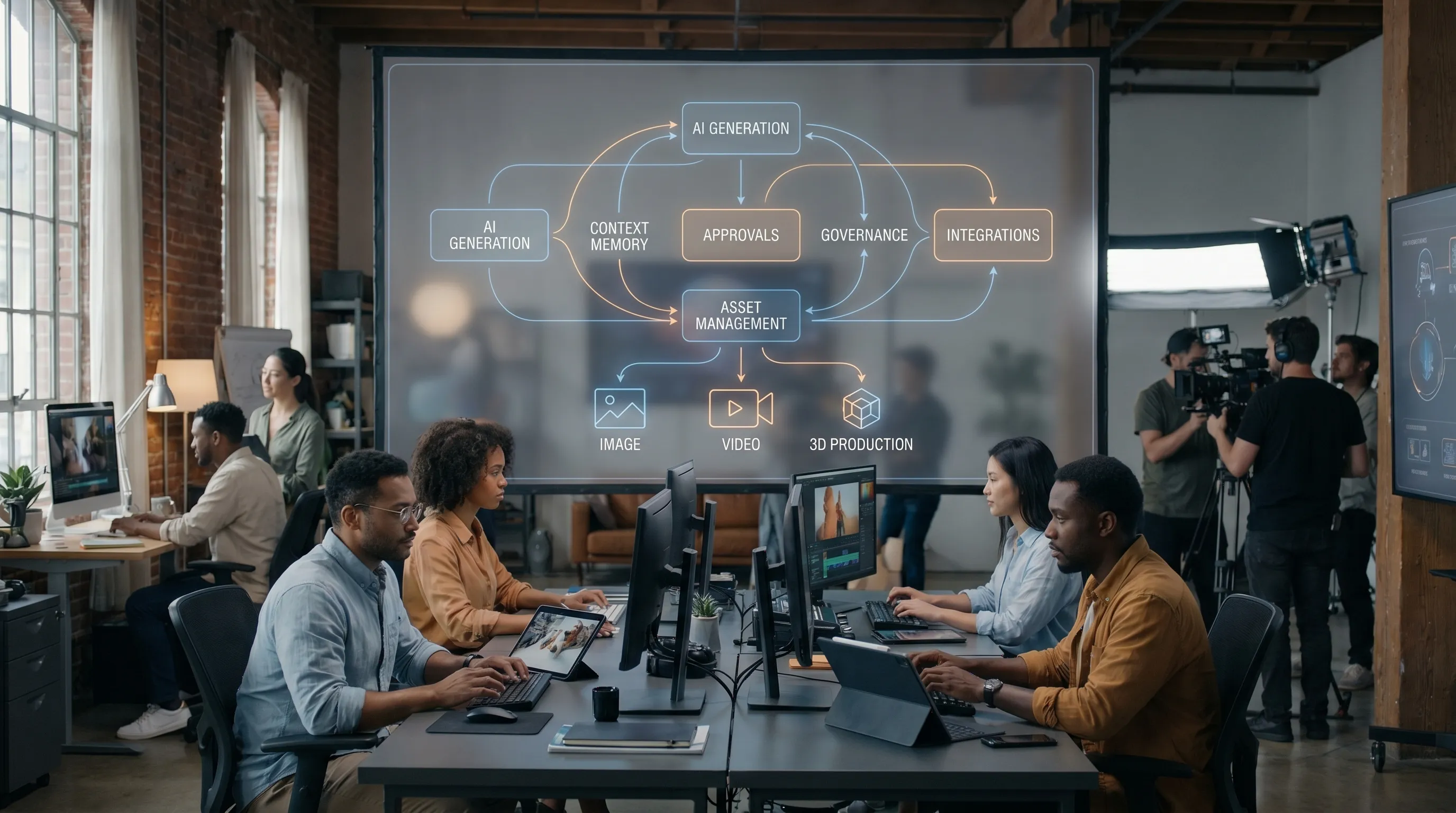 A modern creative studio workflow showing interconnected layers for AI generation, context memory, approvals, asset management, governance, and integrations across image, video, and 3D production.