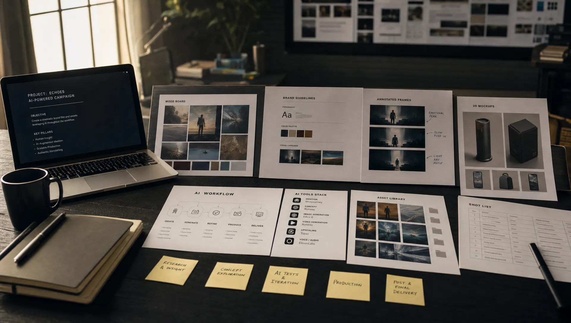 A studio table with mood boards, brand guidelines, annotated frames, 3D mockups, and workflow cards shows creative AI production planning.