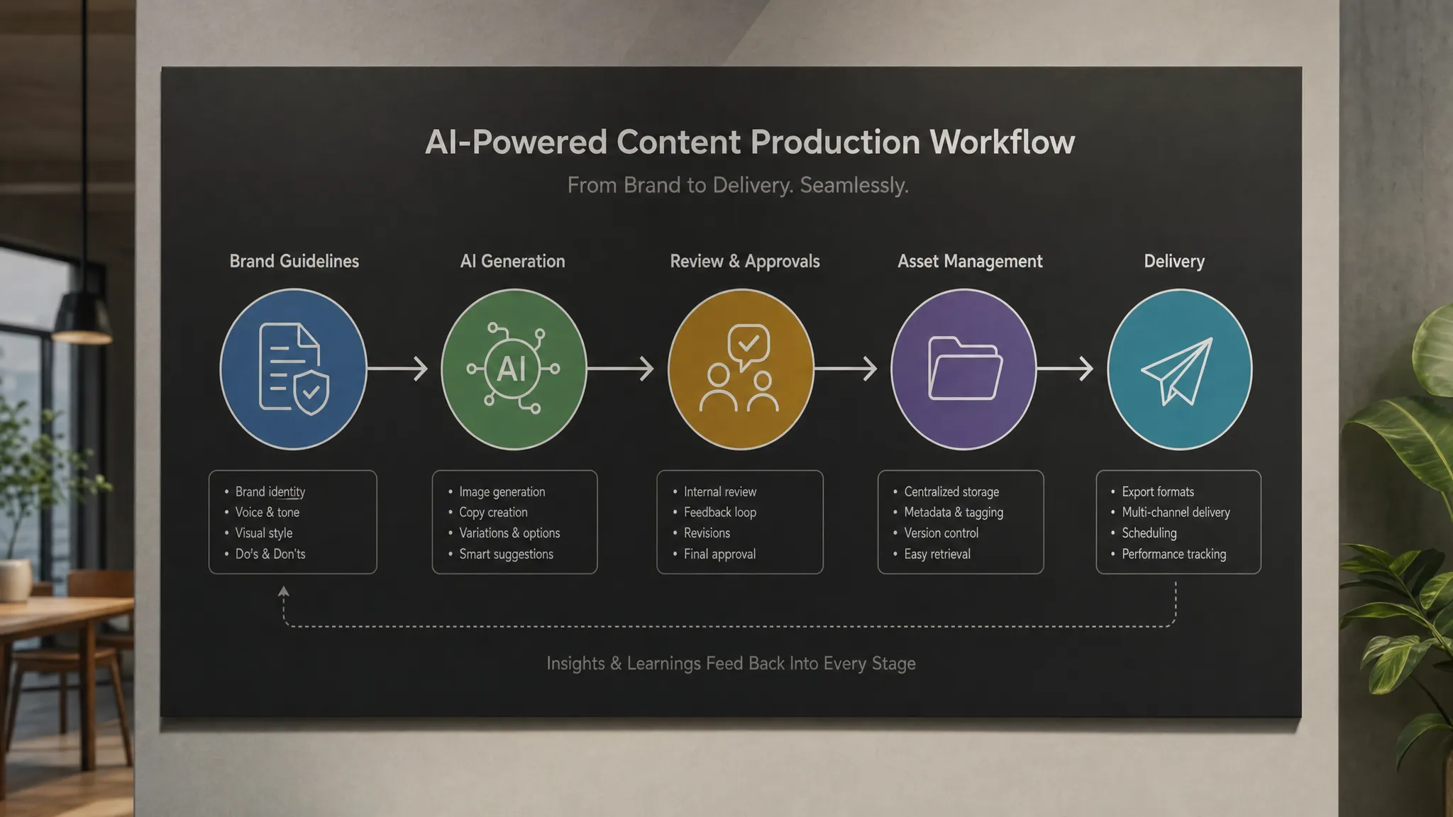 A production workflow diagram showing brand guidelines, AI generation, review approvals, asset management, and delivery connected as one coordinated pipeline, viewed straight on in a clean indoor workspace.