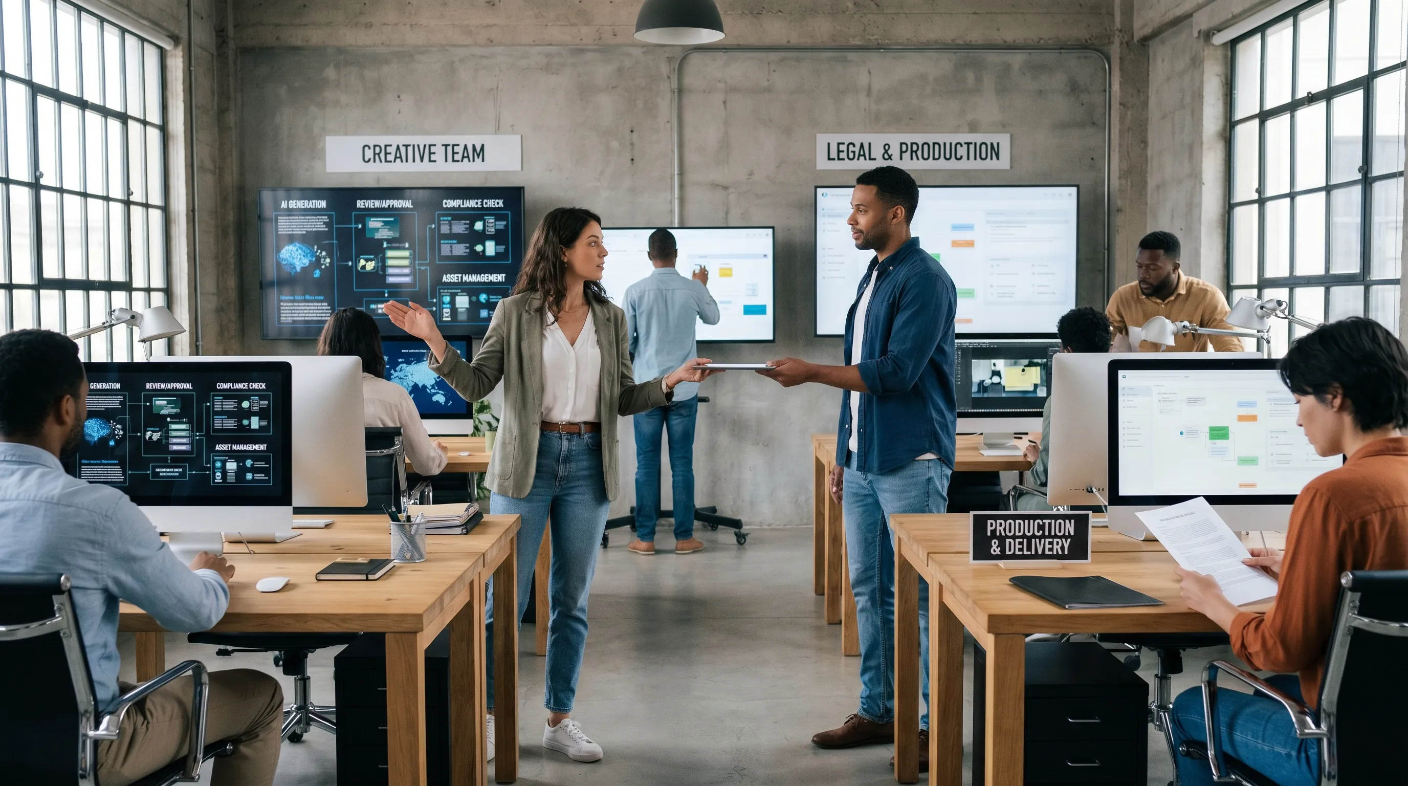 A modern enterprise creative studio workflow showing AI generation feeding into review, approvals, compliance checks, and asset management, with clear handoffs between creative, legal, and production teams.