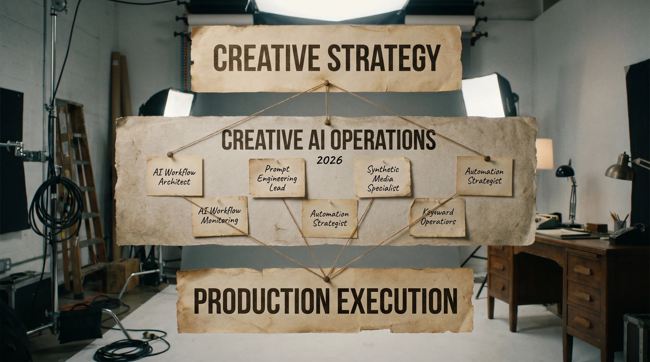 A simple role map showing Creative Strategy, Creative AI Operations, and Production Execution as three layers, with example 2026 roles placed in the middle operations layer.