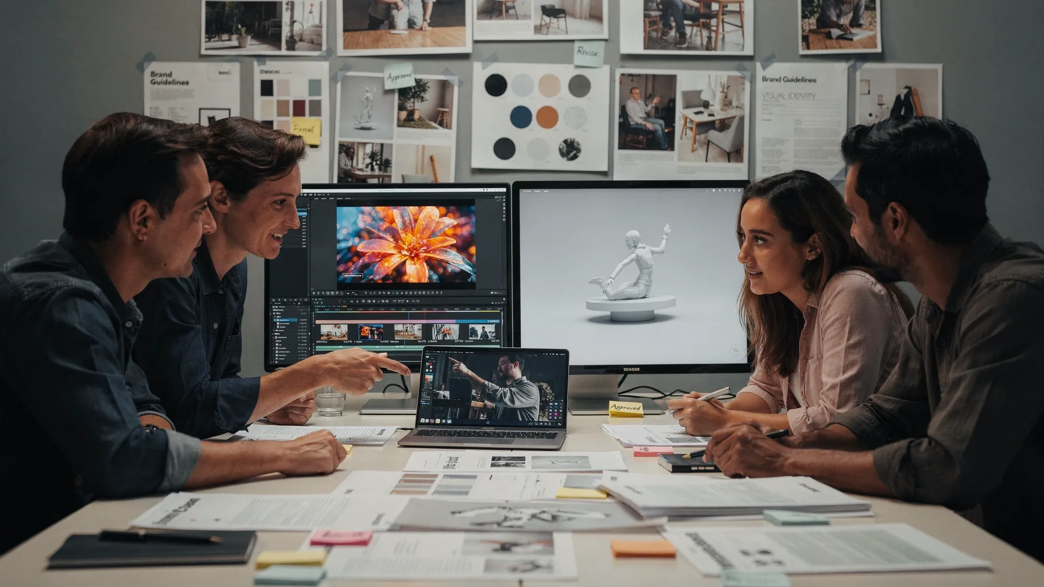 A creative production team reviewing AI-generated image, video, and 3D assets on a shared workspace, with mood boards, approval notes, and brand guidelines visible as organized project materials.