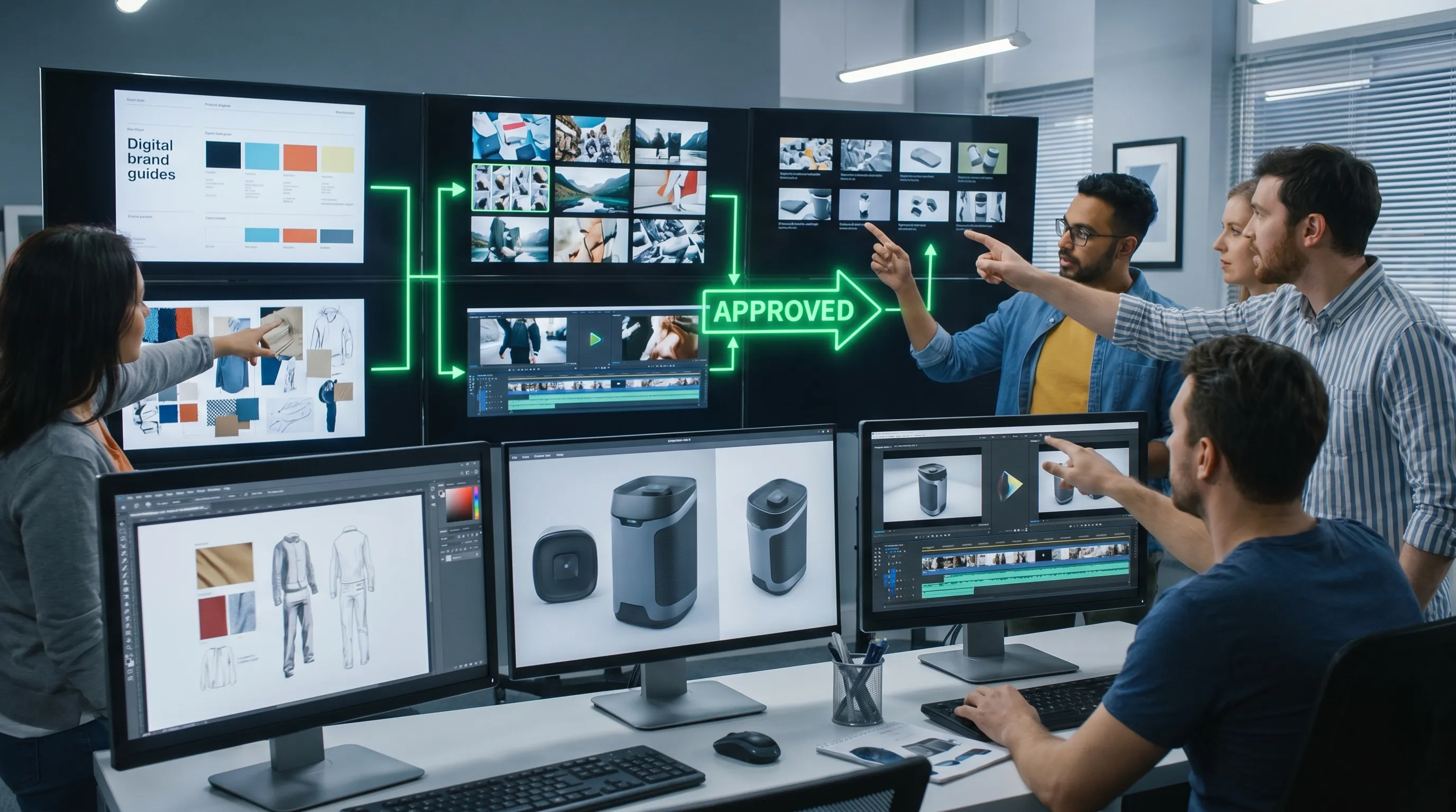 A creative operations workspace showing connected brand guidelines, mood boards, generated image concepts, video frames, and 3D asset previews flowing through an approval pipeline.