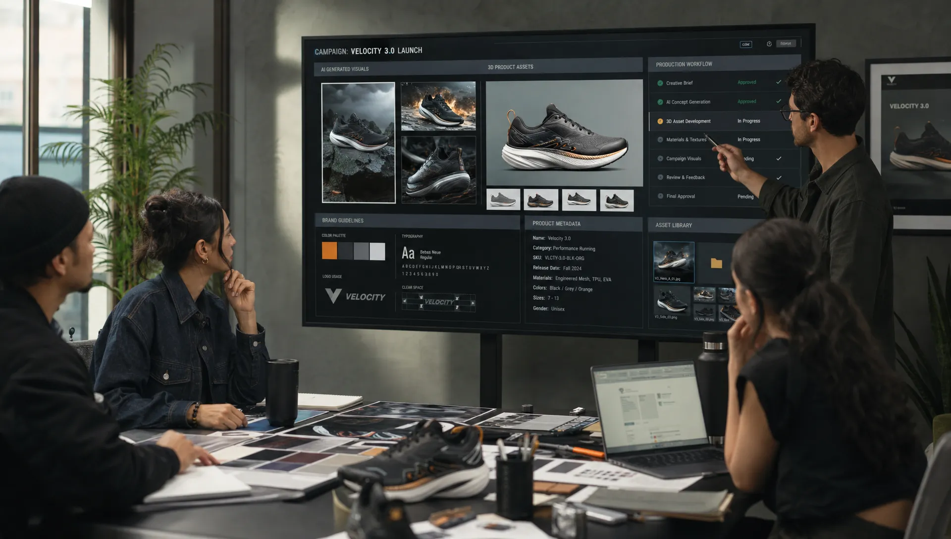 A creative operations team reviews AI-generated campaign visuals, 3D product assets, and approval stages on a shared production board, with brand guidelines and asset metadata visible around the workspace.