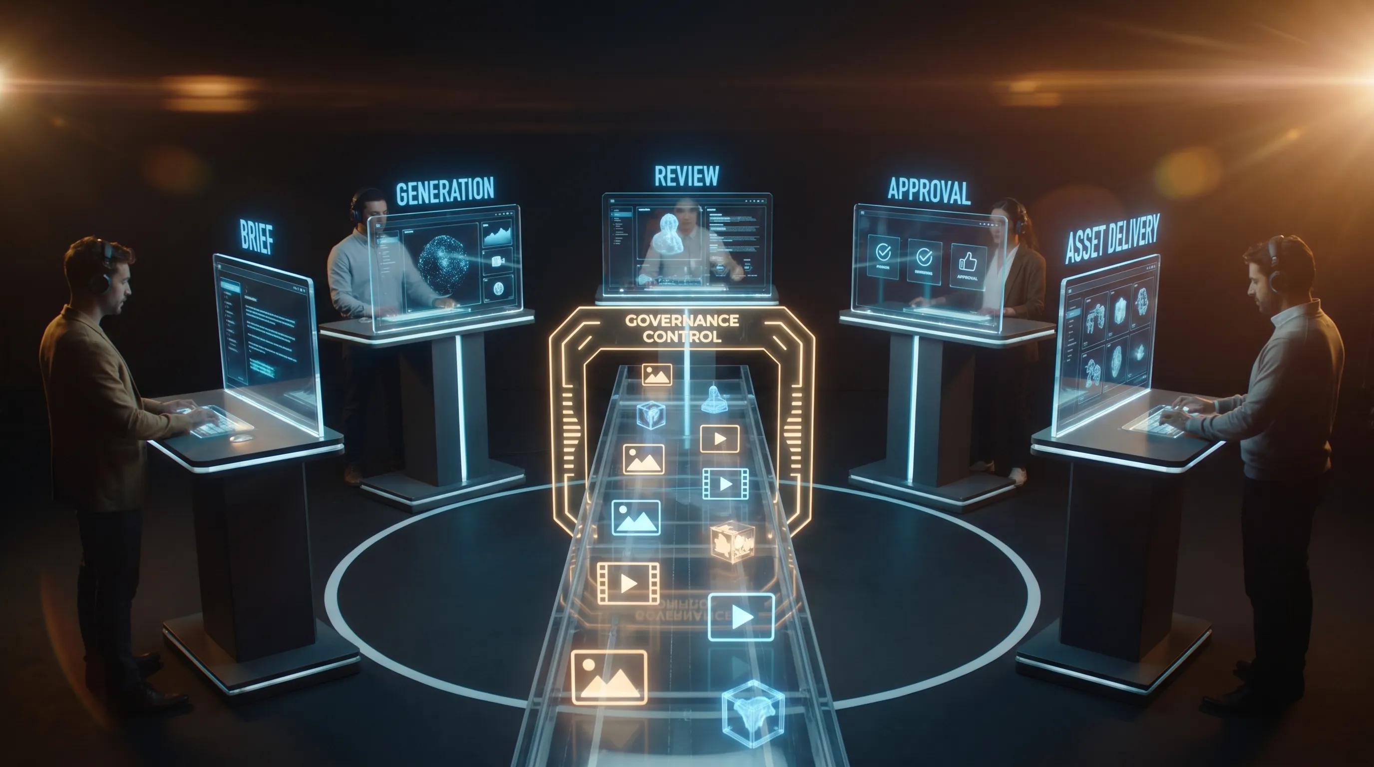 A simple creative AI operations workflow showing five stages: brief, generation, review, approval, and asset delivery, with image, video, and 3D assets moving through governance controls.