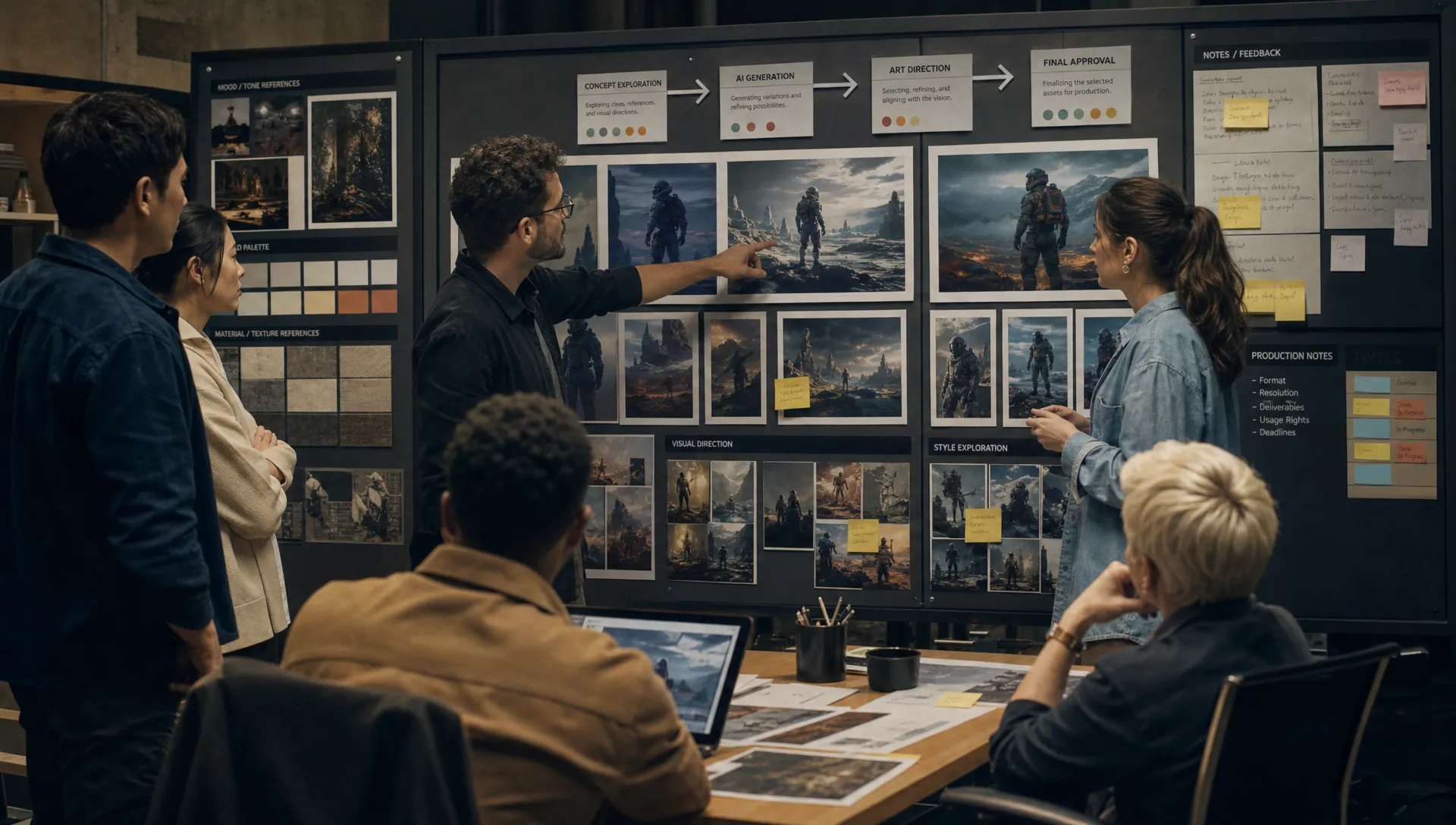 A creative operations team reviewing AI-generated visual assets in a collaborative review room, with mood boards, annotated images, approval stages, and production notes arranged on wall panels around the space.