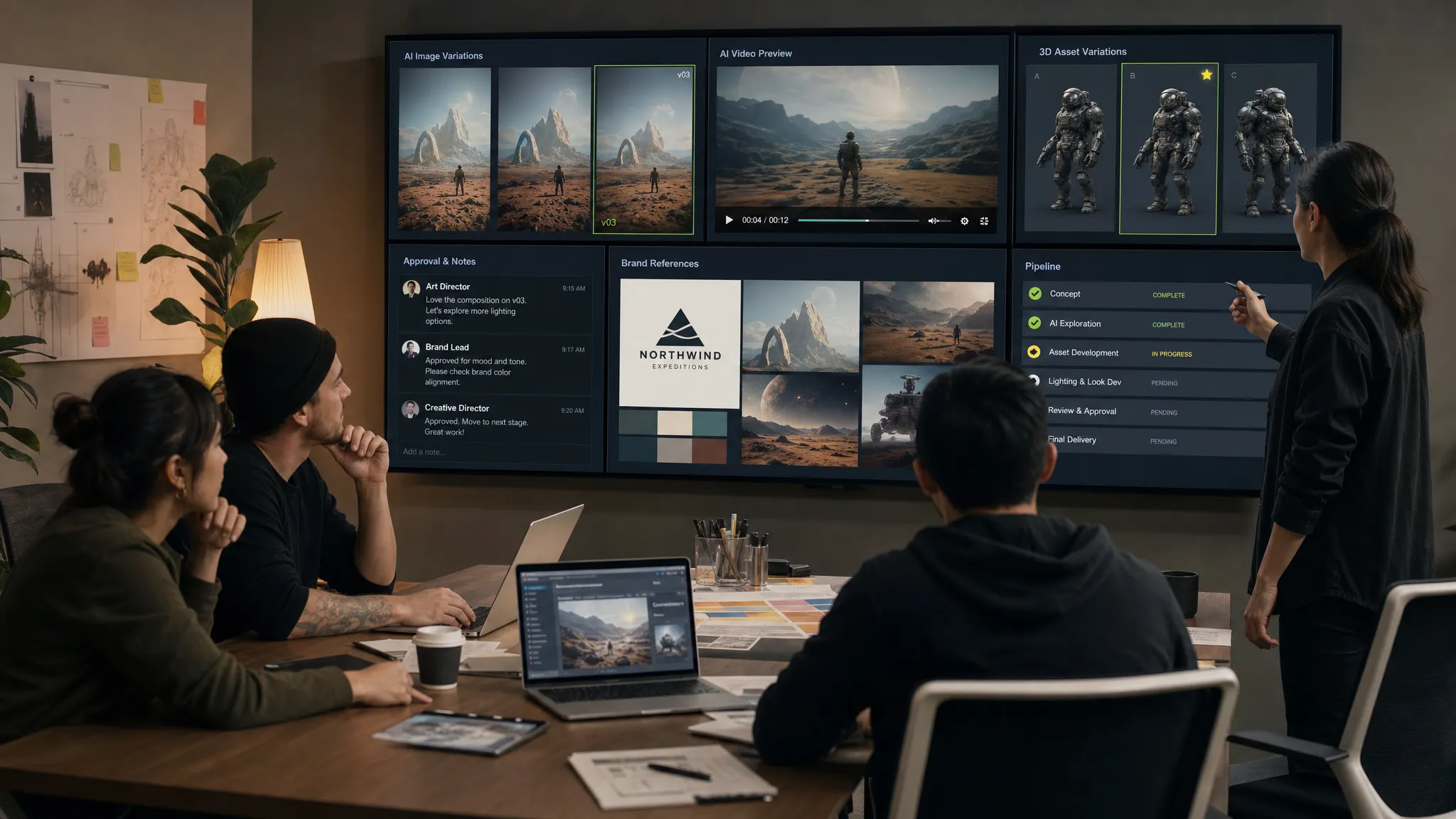 A creative operations team reviewing AI-generated image, video, and 3D asset variations in a shared production workspace, with approval notes, brand references, and pipeline stages visible on screens facing the camera.