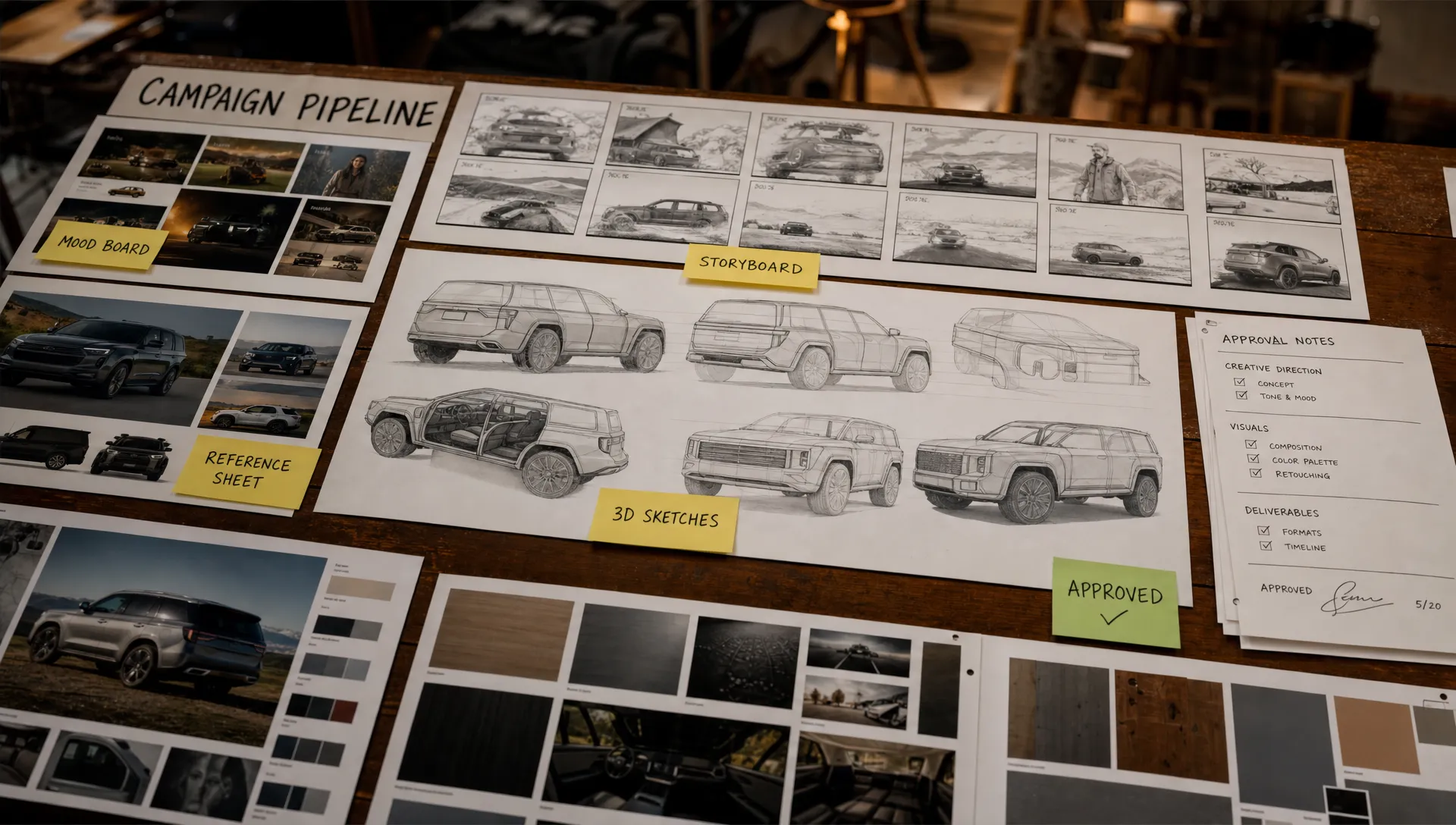Printed mood boards, storyboard frames, 3D sketches, reference sheets, and approval notes on a large table show one campaign pipeline.