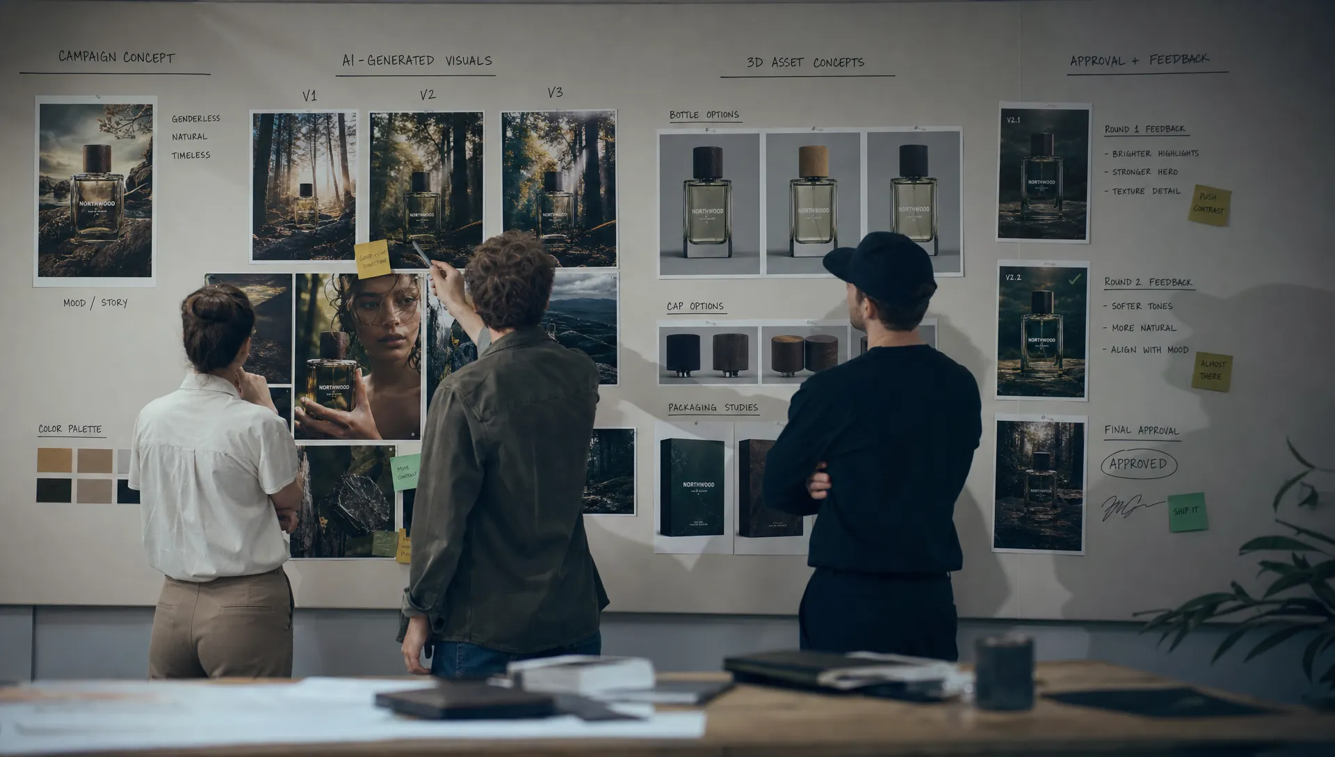 A creative production team reviews AI-generated campaign visuals, 3D asset concepts, and approval notes on a shared studio wall, with product images, mood boards, and version markers arranged in an organized workflow, viewed from across the room with the wall filling the background.