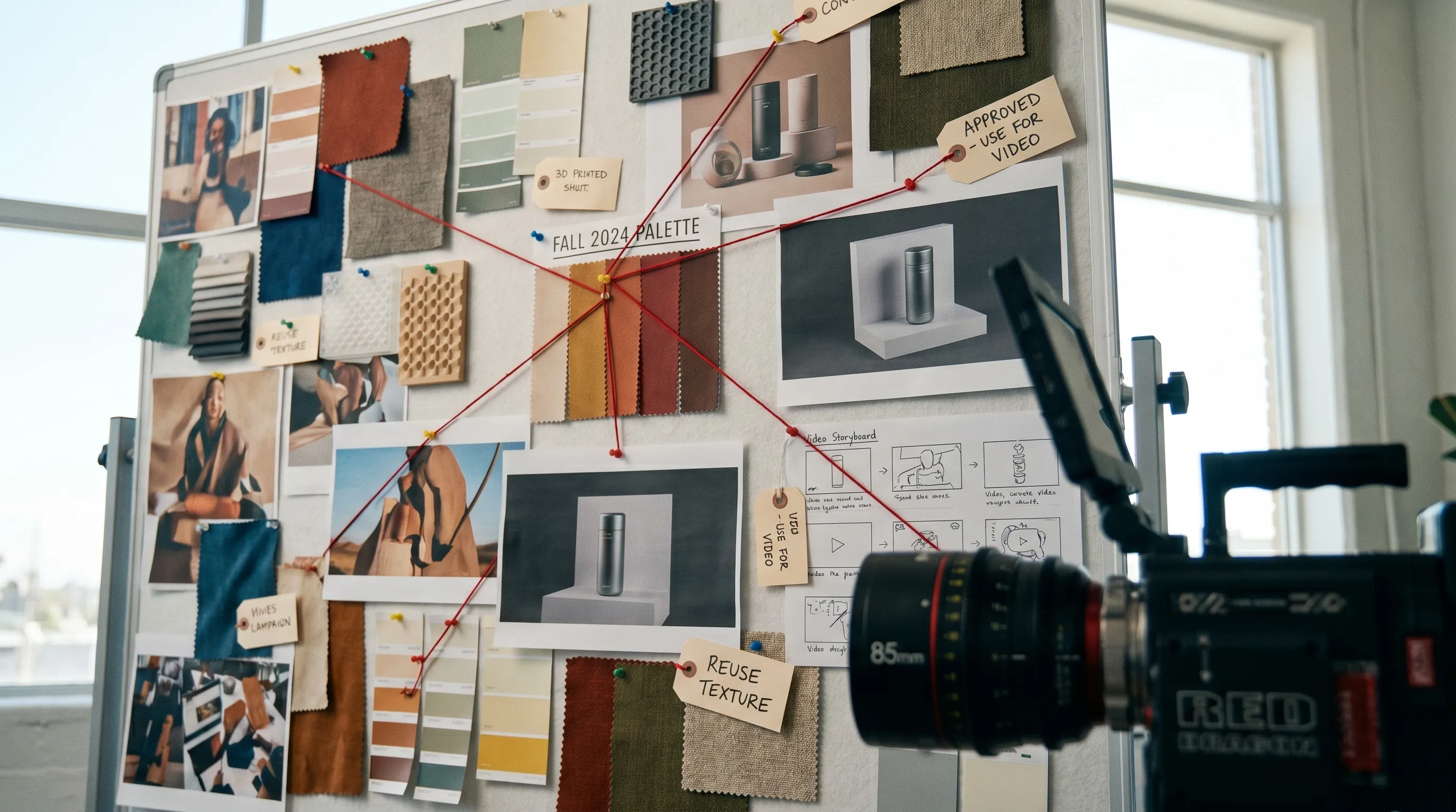A studio mood board that combines color palettes, product references, 3D material samples, campaign imagery, approval notes, and connected context tags that show how creative direction is reused across image, video, and 3D production.