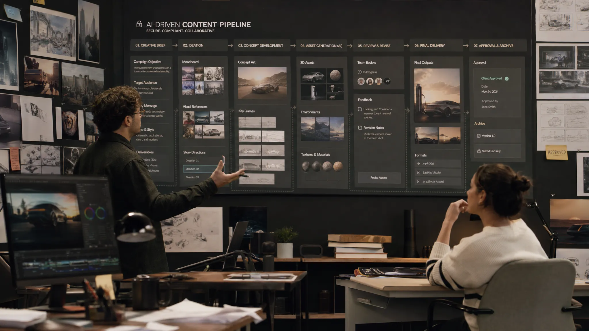 A creative production room with mood boards, 3D asset thumbnails, video frames, and workflow cards arranged on a wall, showing a secure AI-driven content pipeline from brief to approval.