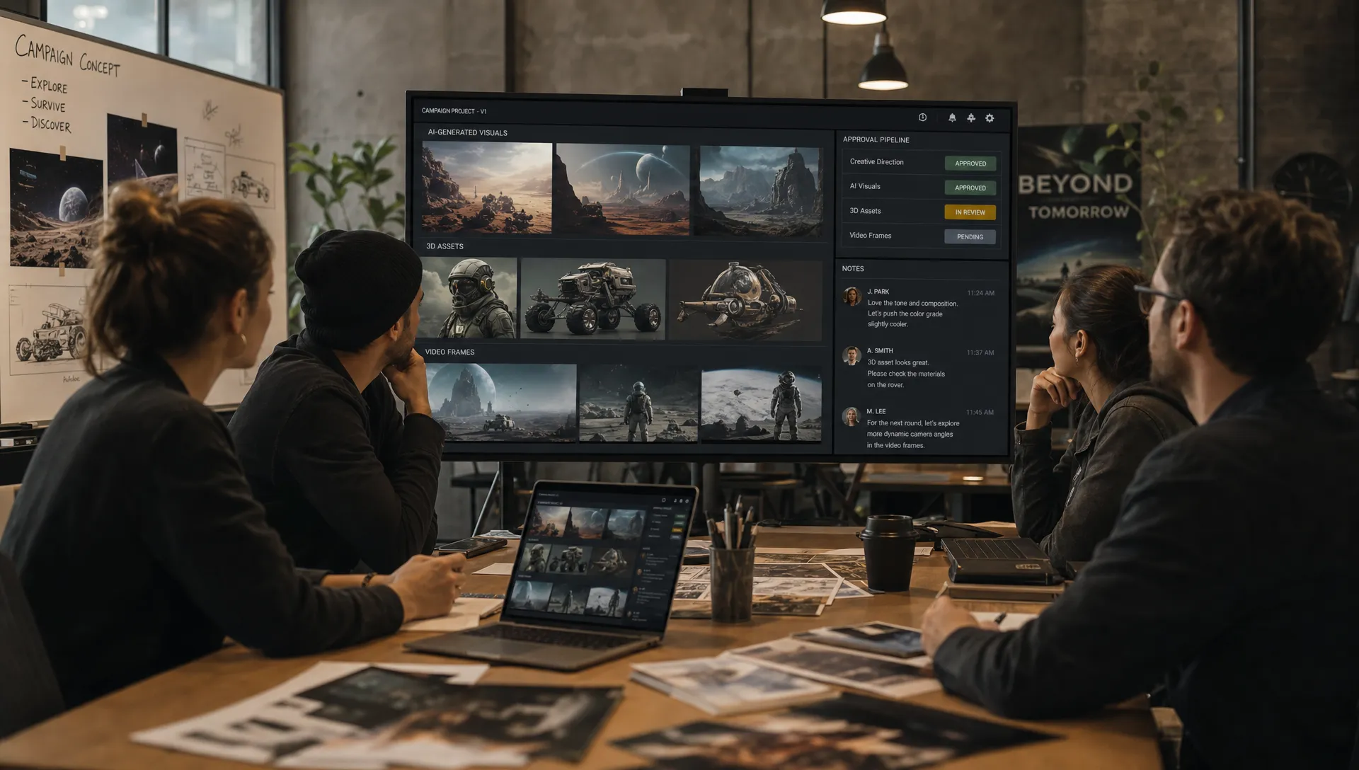 A creative production team reviewing AI-generated campaign visuals, 3D assets, and video frames on a shared studio workspace, with annotations and approval stages visible on the screens facing the team.