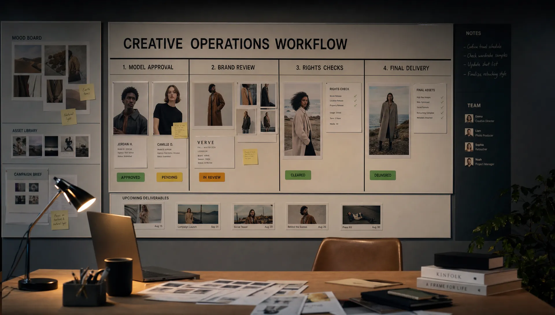 A creative operations workspace with mood boards, asset cards, approval labels, and workflow stages for model approval, brand review, rights checks, and final delivery.