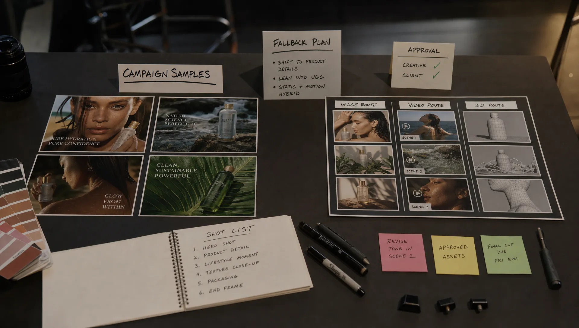 A production table holds campaign samples, a fallback plan card, approval markers, and references for image, video, and 3D routes.