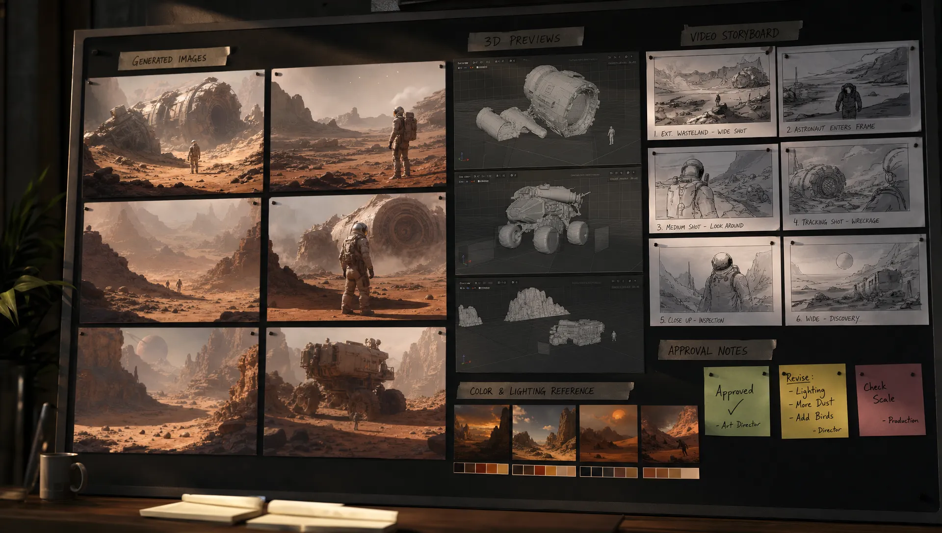 A studio wall displays generated image frames, 3D previews, video storyboard panels, and approval notes.