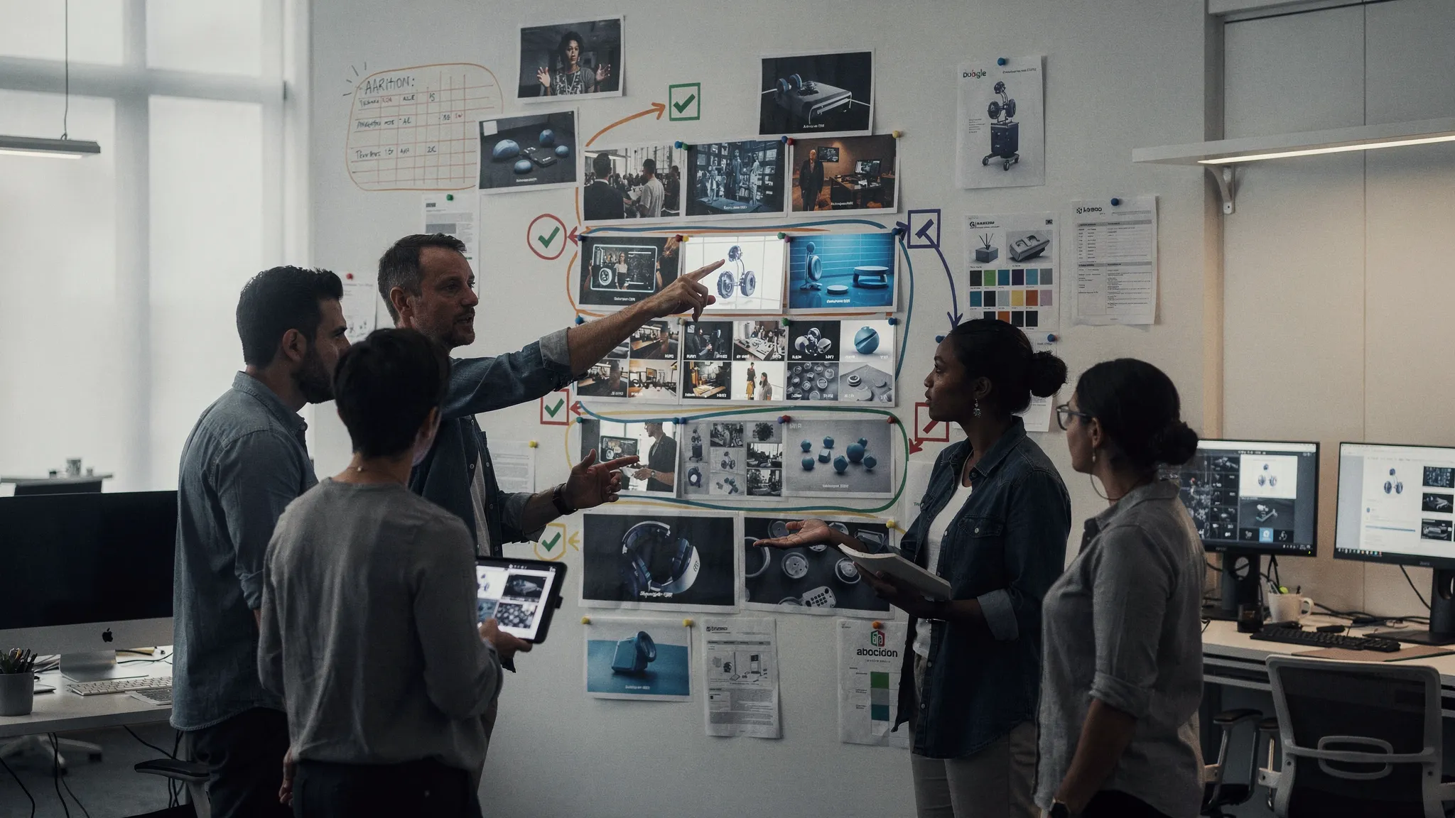 A creative operations team reviewing AI-generated image, video, and 3D asset variations on a shared studio wall, with annotations, approval markers, and brand references visible in the workspace.