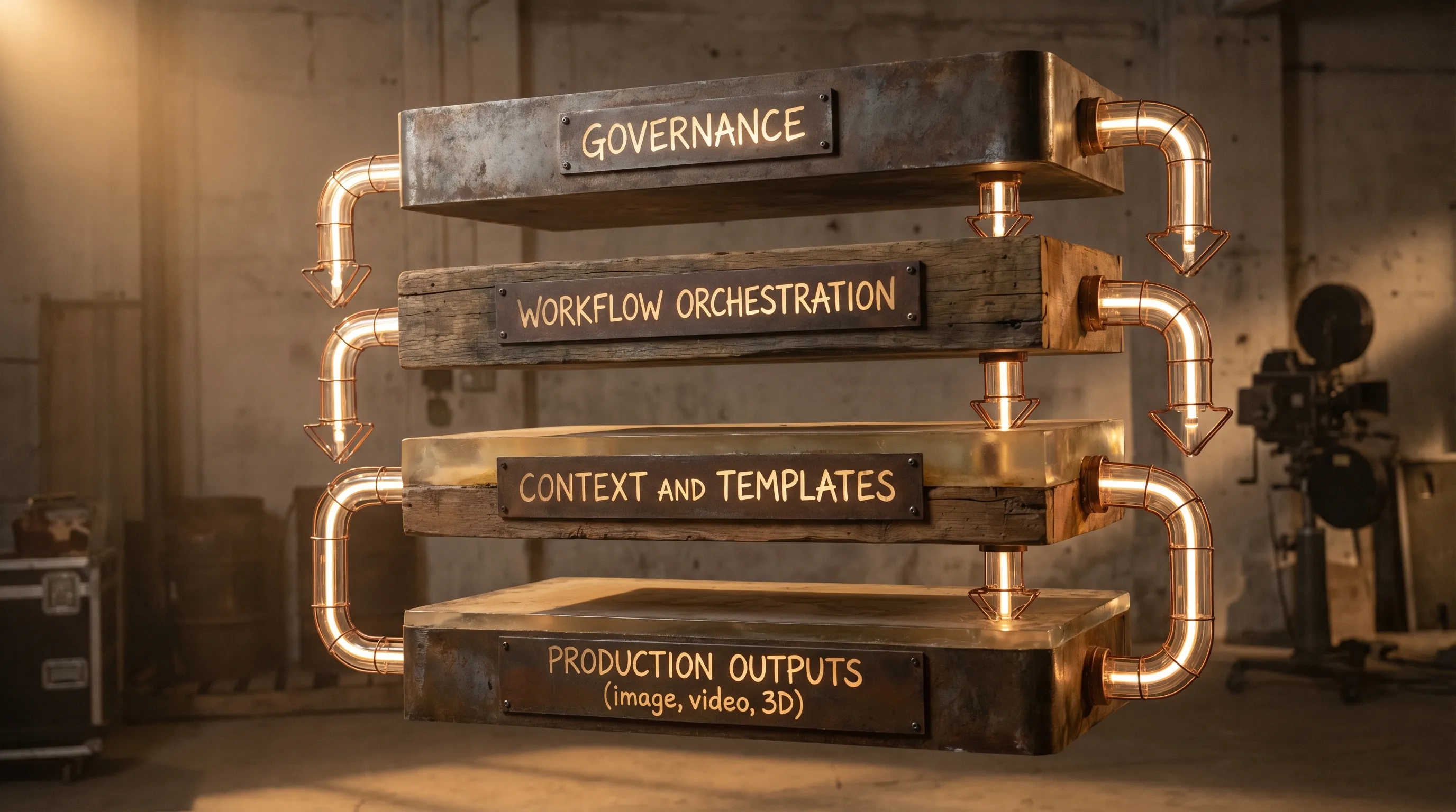 A simplified diagram showing four stacked layers labeled Governance, Workflow Orchestration, Context and Templates, and Production Outputs (image, video, 3D). Each layer connects with arrows to indicate control flowing from top to bottom.