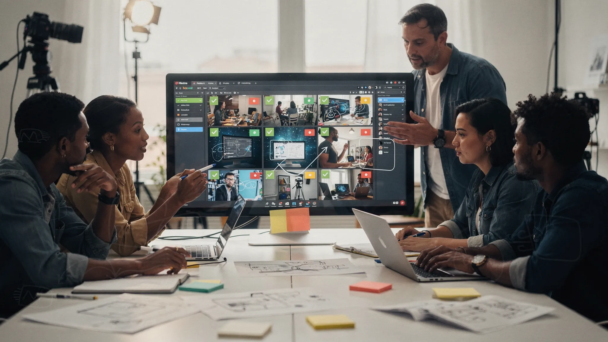 An enterprise creative team in a studio review setting discussing AI-generated image and video assets on a large monitor, with visible annotations and approval status indicators. The screen faces the viewer and shows no sensitive brand names.