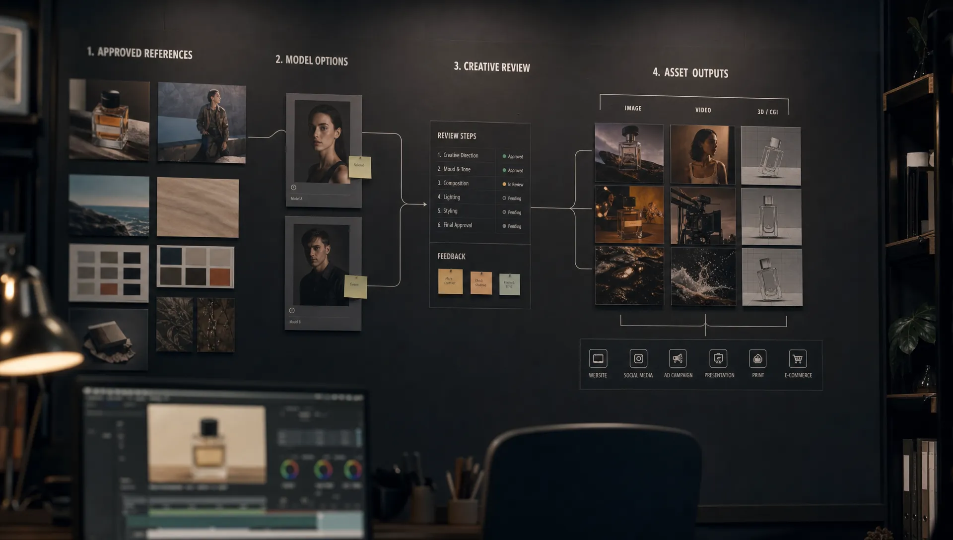 A creative studio workflow board connects approved brand references, model options, review steps, and asset outputs across image, video, and 3D production.