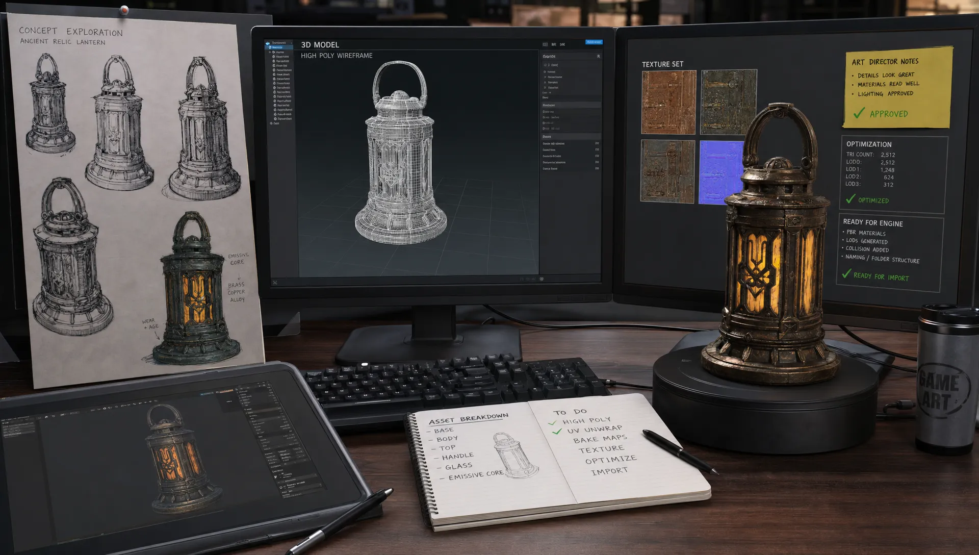 A game asset production workspace showing concept sketches, a 3D prop wireframe, texture swatches, approval notes, and a final optimized prop ready for engine import, arranged across a technical art desk in an indoor studio.
