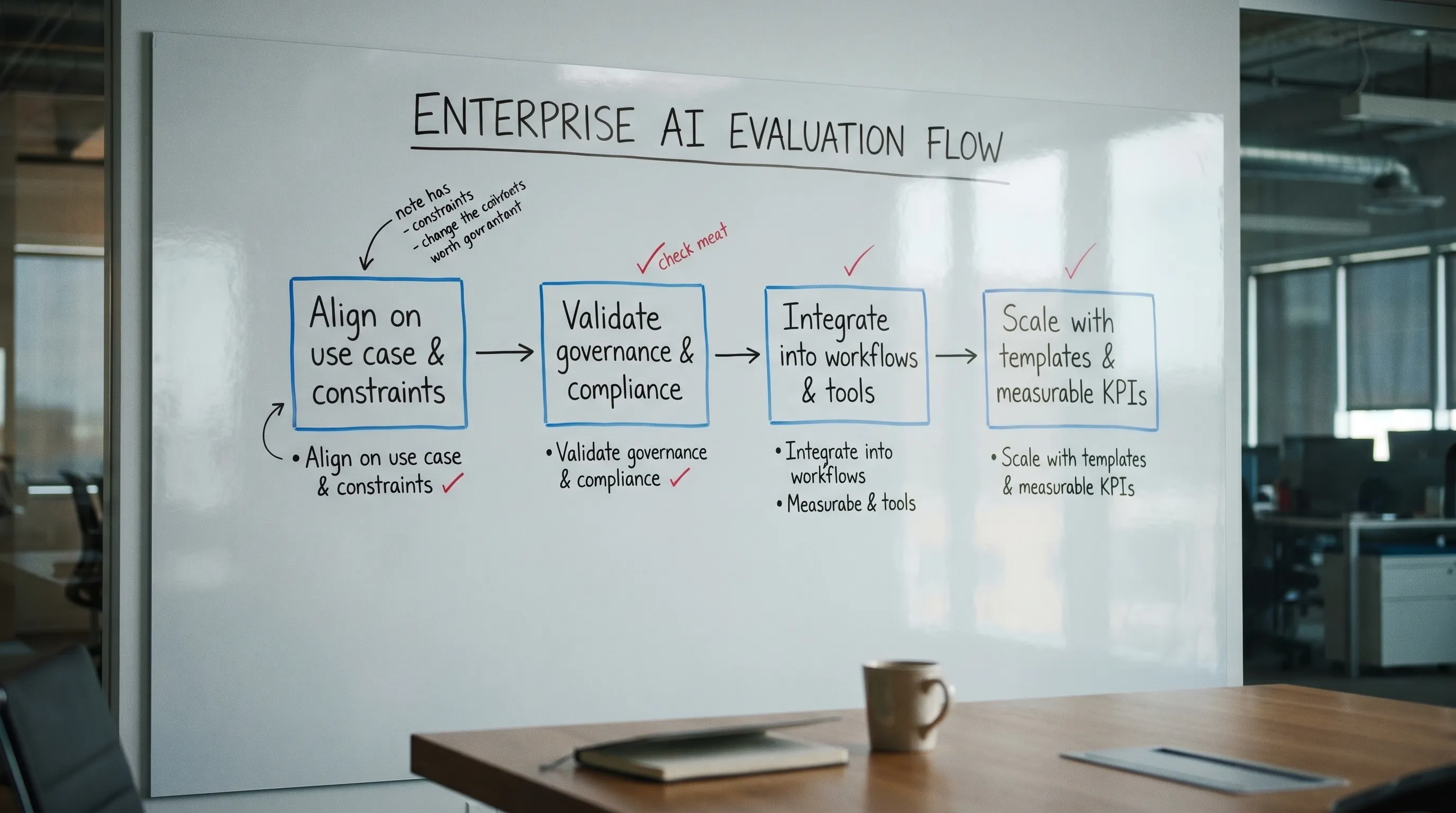 Simple enterprise evaluation flowchart showing four stages: Align on use case and constraints, Validate governance and compliance, Integrate into workflows and tools, Scale with templates and measurable KPIs.