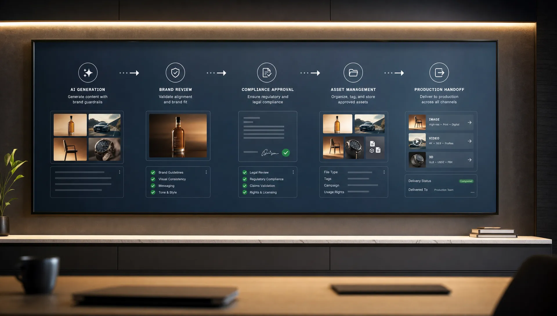 A modern workflow wall showing connected stages for AI generation, brand review, compliance approval, asset management, and production handoff across image, video, and 3D content, with no people present.