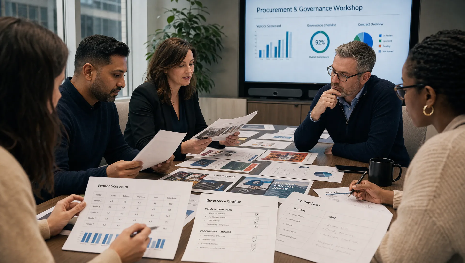 A procurement workshop with vendor scorecards, a governance checklist, contract notes, and sample campaign visuals spread across a conference table. Several team members are discussing the materials while reviewing printed briefs and asset references.