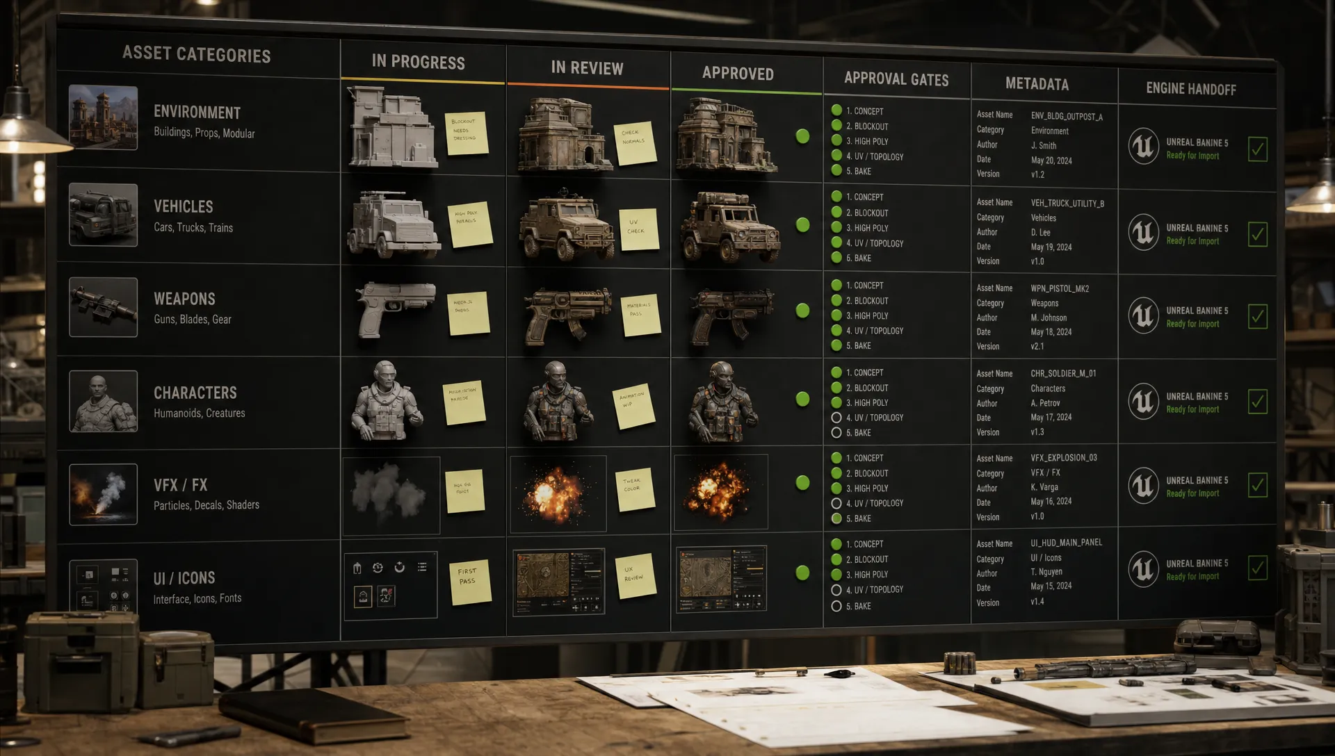 A game studio production board shows asset categories, approval gates, metadata fields, and engine handoff steps with 3D props arranged by status.