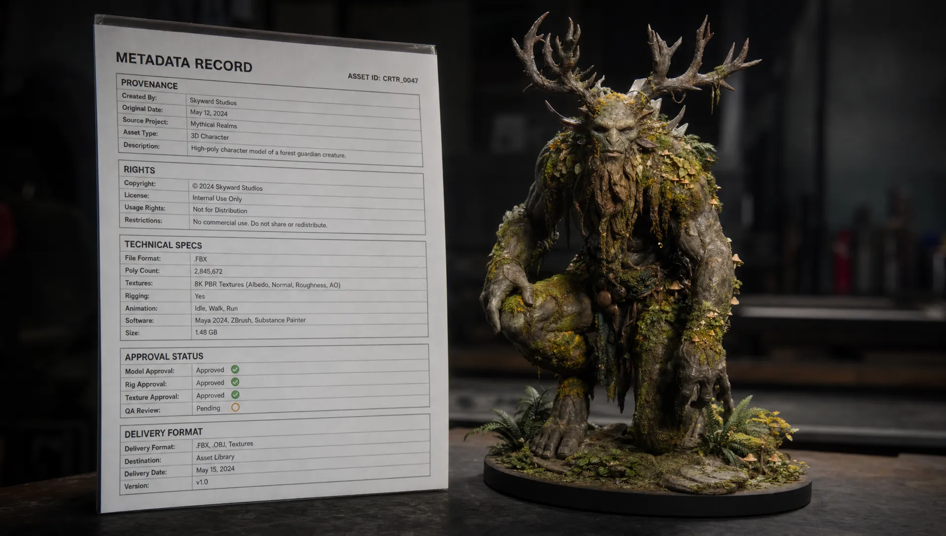 A generated 3D model sits beside a metadata record covering provenance, rights, technical specs, approval status, and delivery format.