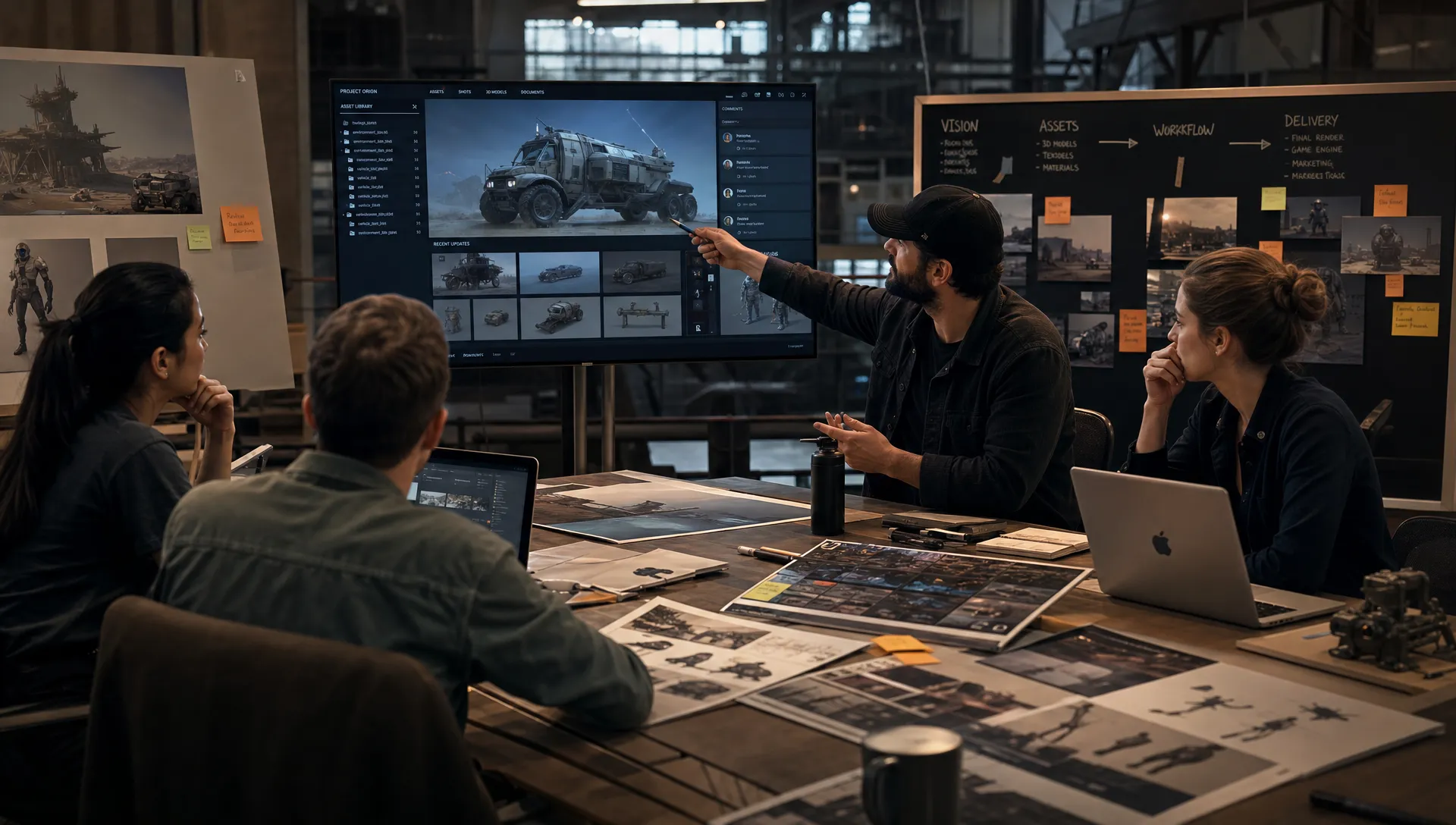 A creative production team reviews connected image, video, and 3D assets around a shared studio table, with visual boards, asset thumbnails, approval notes, and 3D model previews arranged as one coordinated workflow.