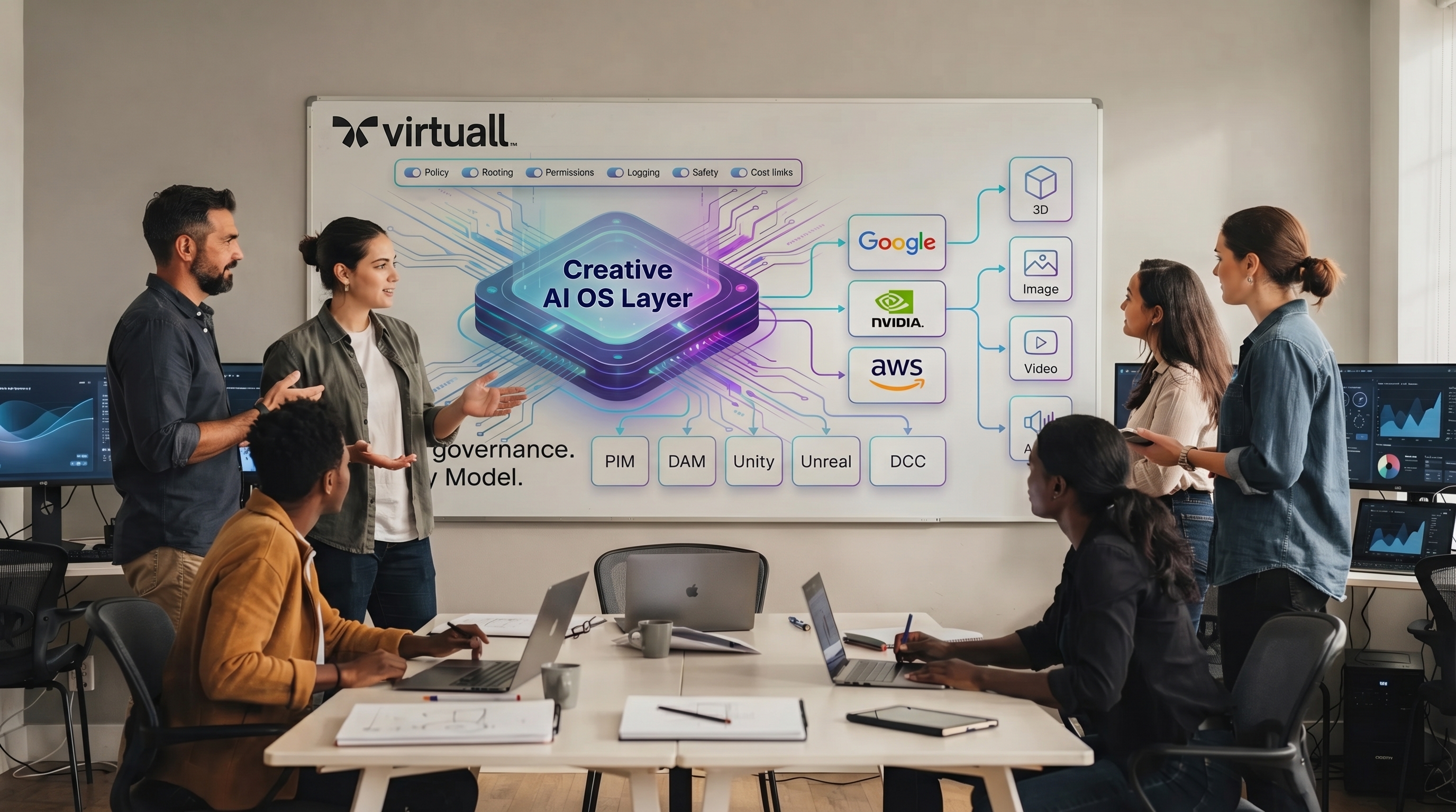 A modern creative studio workflow scene showing a producer and artists collaborating around a whiteboard with a simplified AI OS pipeline: governance rules, workflow steps, multi-model generation, asset library, and compliance log, with icons for image, video, and 3D outputs.
