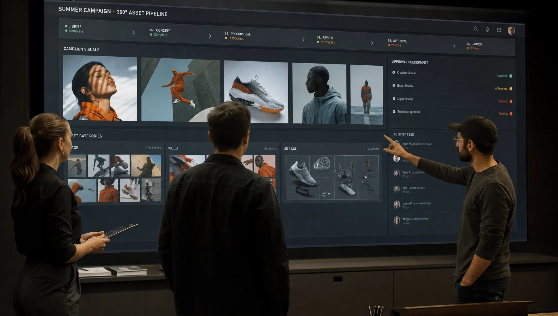 A creative operations team reviewing a wall of campaign visuals, workflow stages, approval checkpoints, and asset categories for image, video, and 3D production in an enterprise studio setting.