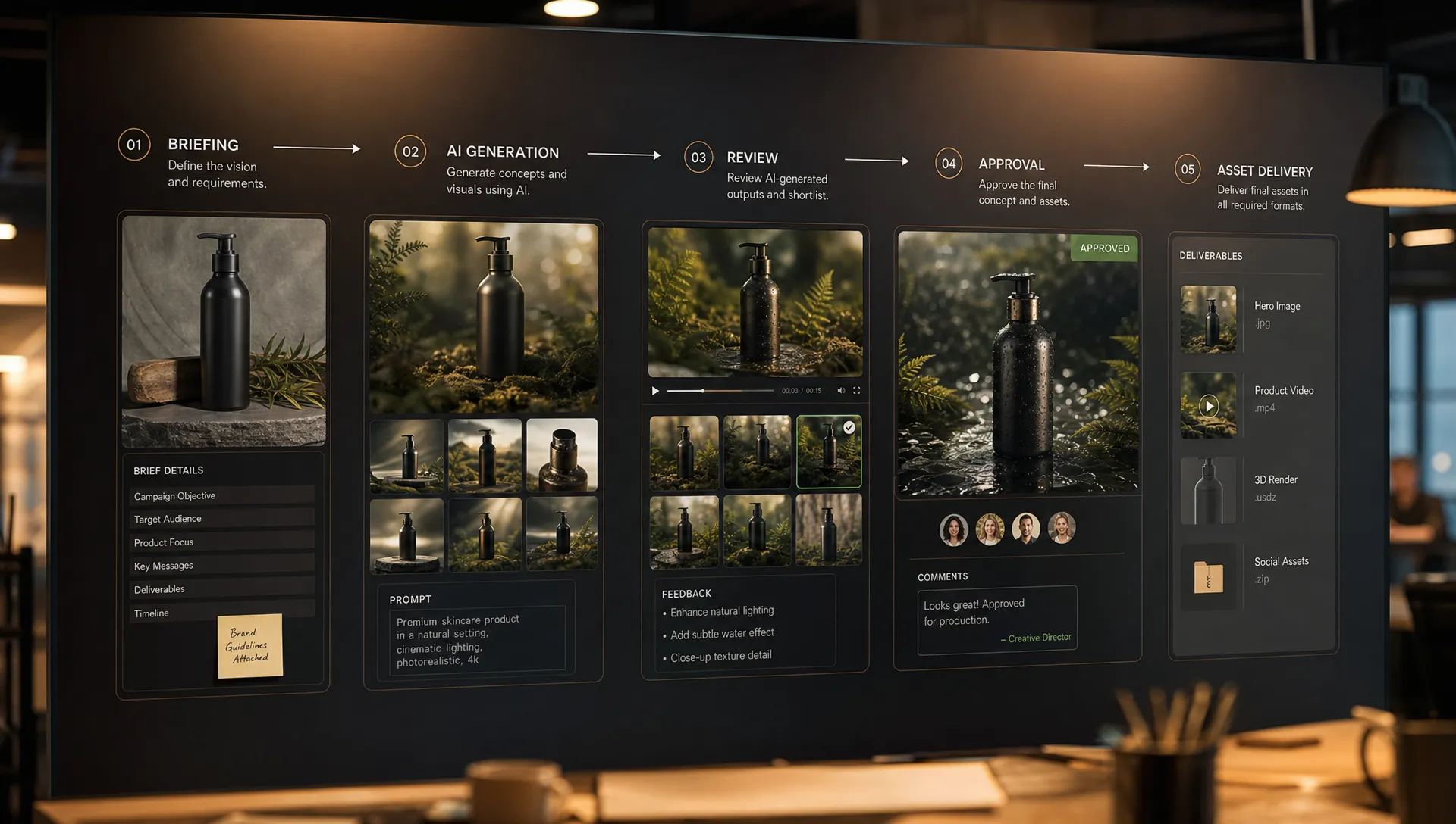 A creative operations board showing connected stages for briefing, AI generation, review, approval, and asset delivery, with product images, video frames, and 3D objects arranged along the workflow.