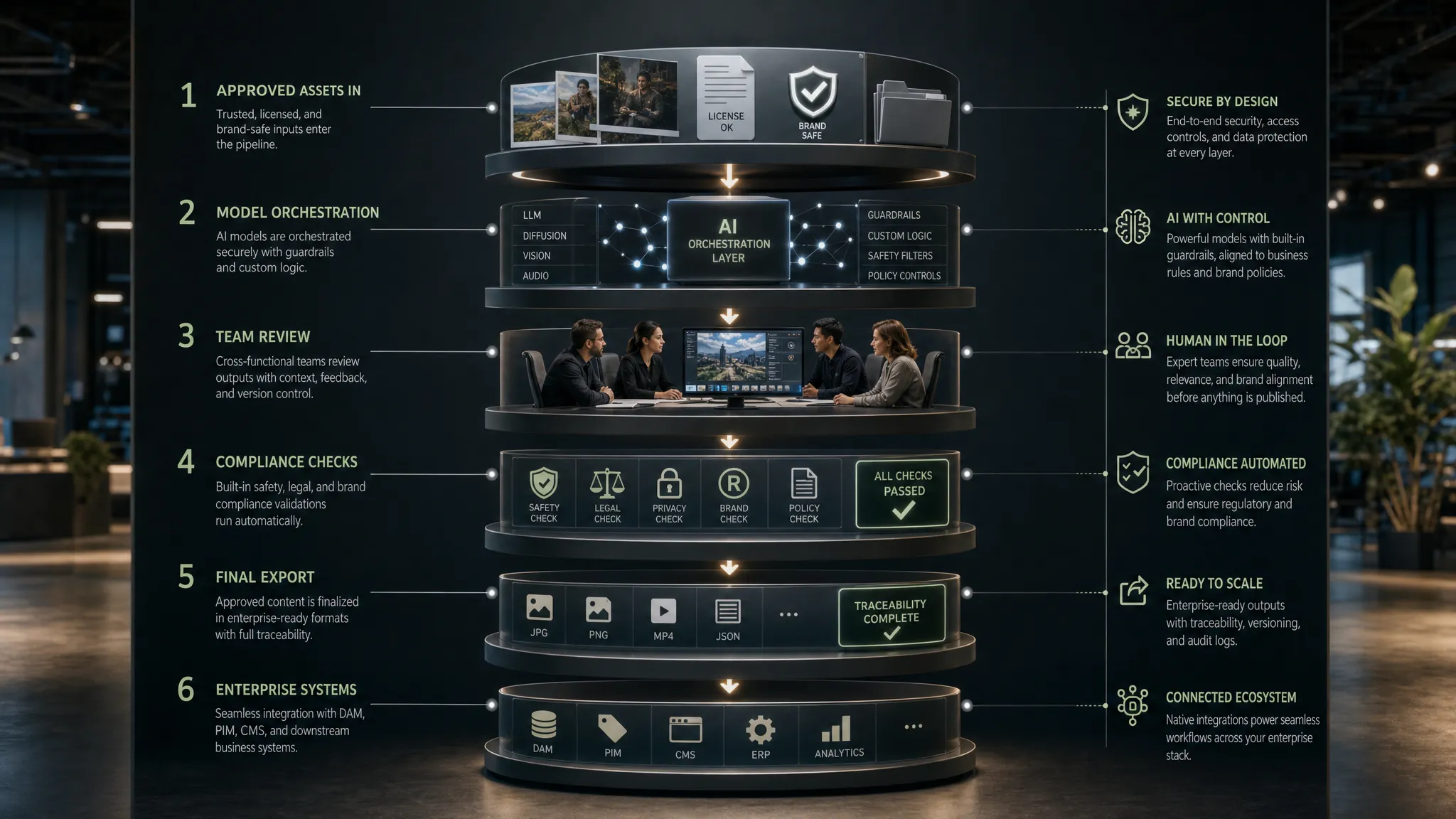 A secure creative AI production pipeline shown as a vertical sequence of connected stages, with approved assets entering at the top, model orchestration and team review in the middle, compliance checks near the end, and final export into enterprise systems at the bottom. Clean conceptual space, wide framing, multi-element arrangement, orderly and focused mood.