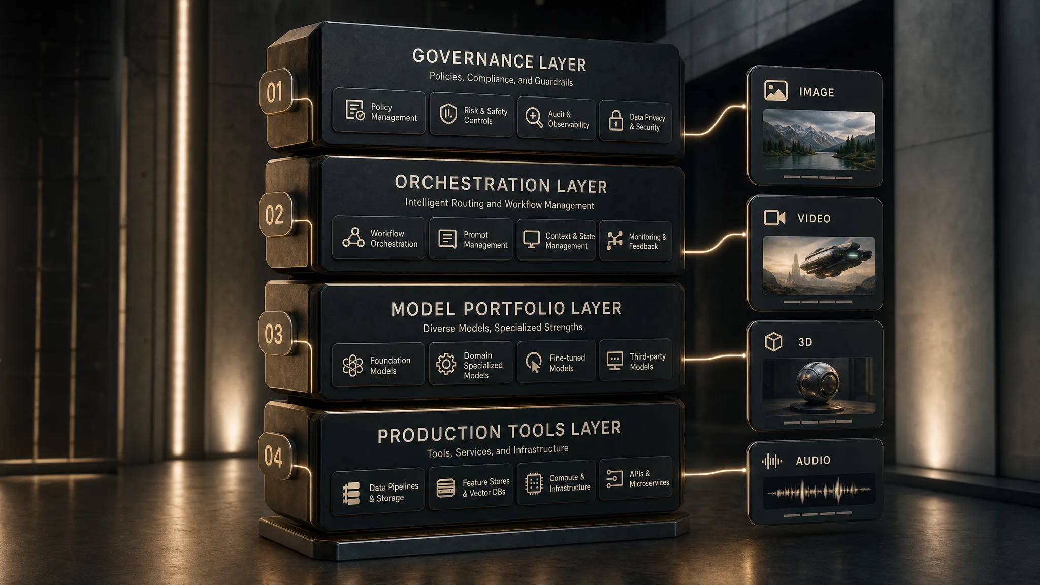 A vertical creative AI production stack with four labeled layers: governance, orchestration, model portfolio, and production tools, with connectors leading to image, video, 3D, and audio outputs.