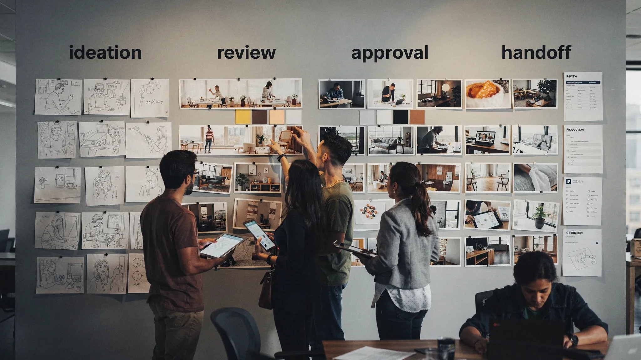 A creative production workflow scene showing a team reviewing multiple storyboard frames, mood board tiles, and brand guidelines on a wall, with clear checkpoints labeled ideation, review, approval, and handoff.