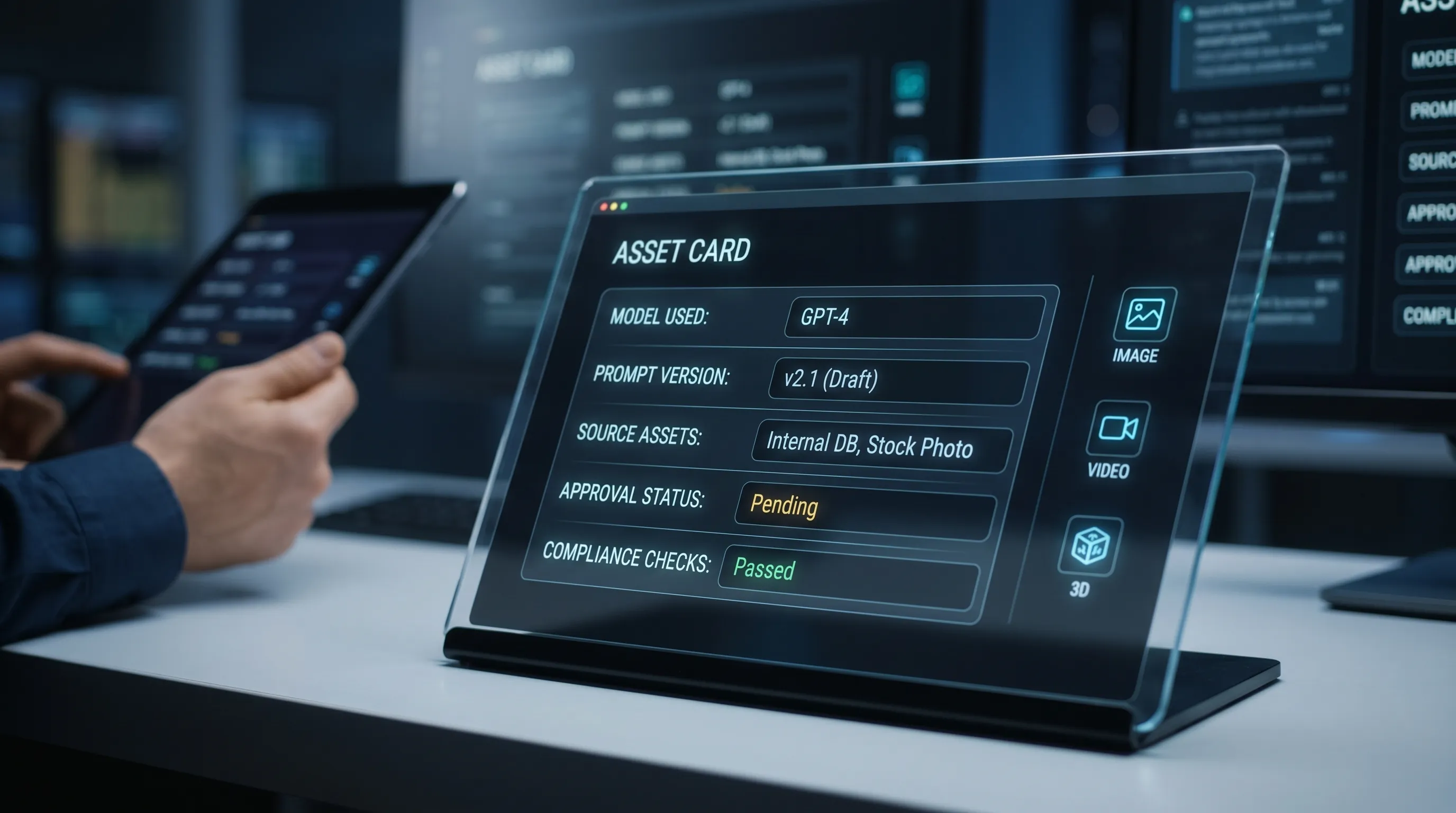 A clean dashboard-style illustration showing an asset card with fields for model used, prompt version, source assets, approval status, and compliance checks, alongside image, video, and 3D icons.